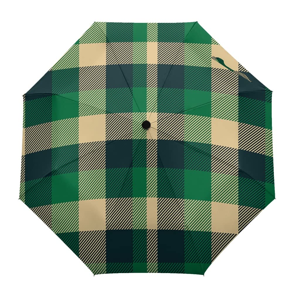 Automatic Folding Umbrella for Men & Women - Plaid Green Texture, Compact Travel Sun & Rain Protection - Perfect for Outdoor Activities, Commuting, and Travel Accessories
