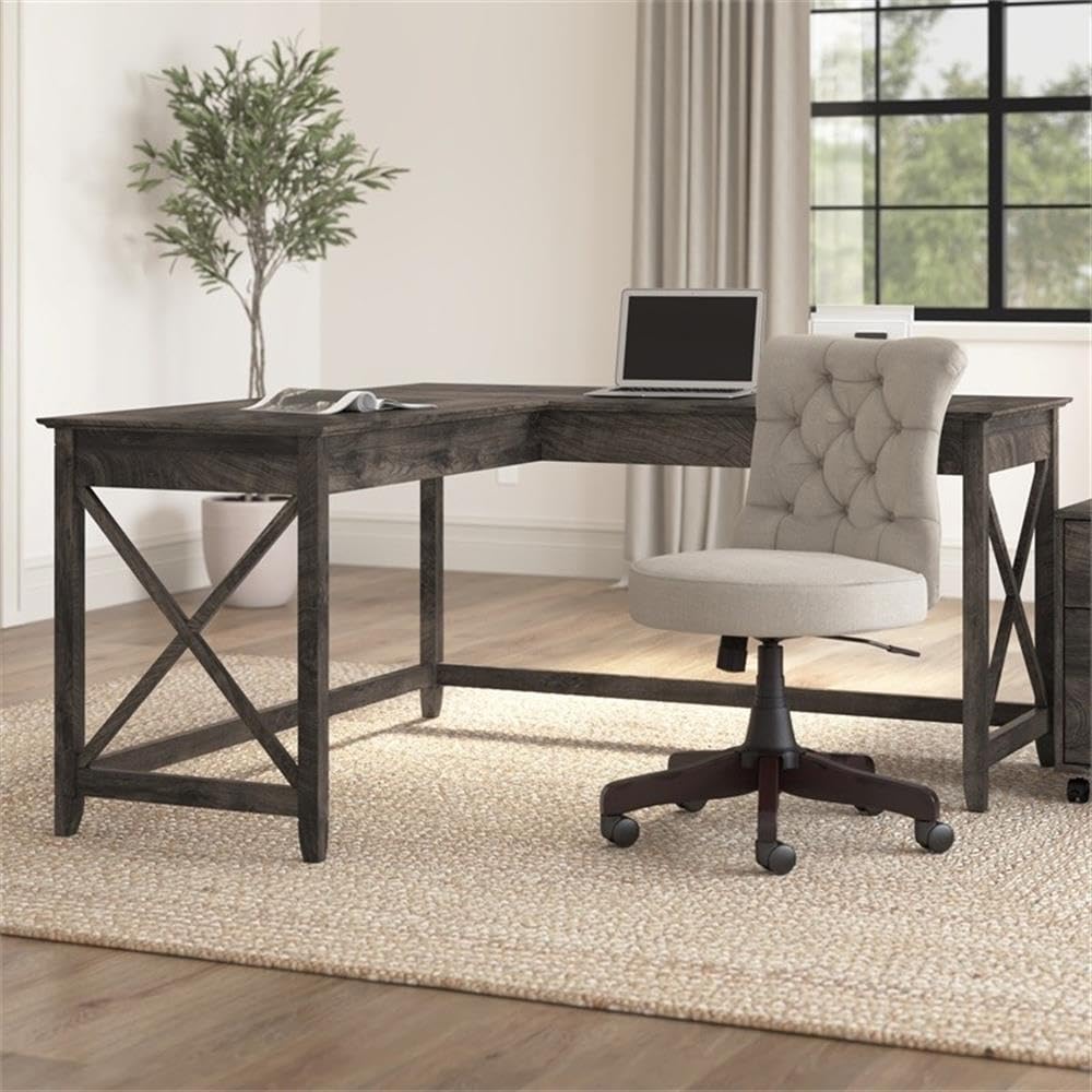 Atlin Designs L-Shaped Farmhouse Wood Desk in Dark Gray Hickory - Rustic Home Office Furniture for Small Spaces, Perfect for Remote Work & Study