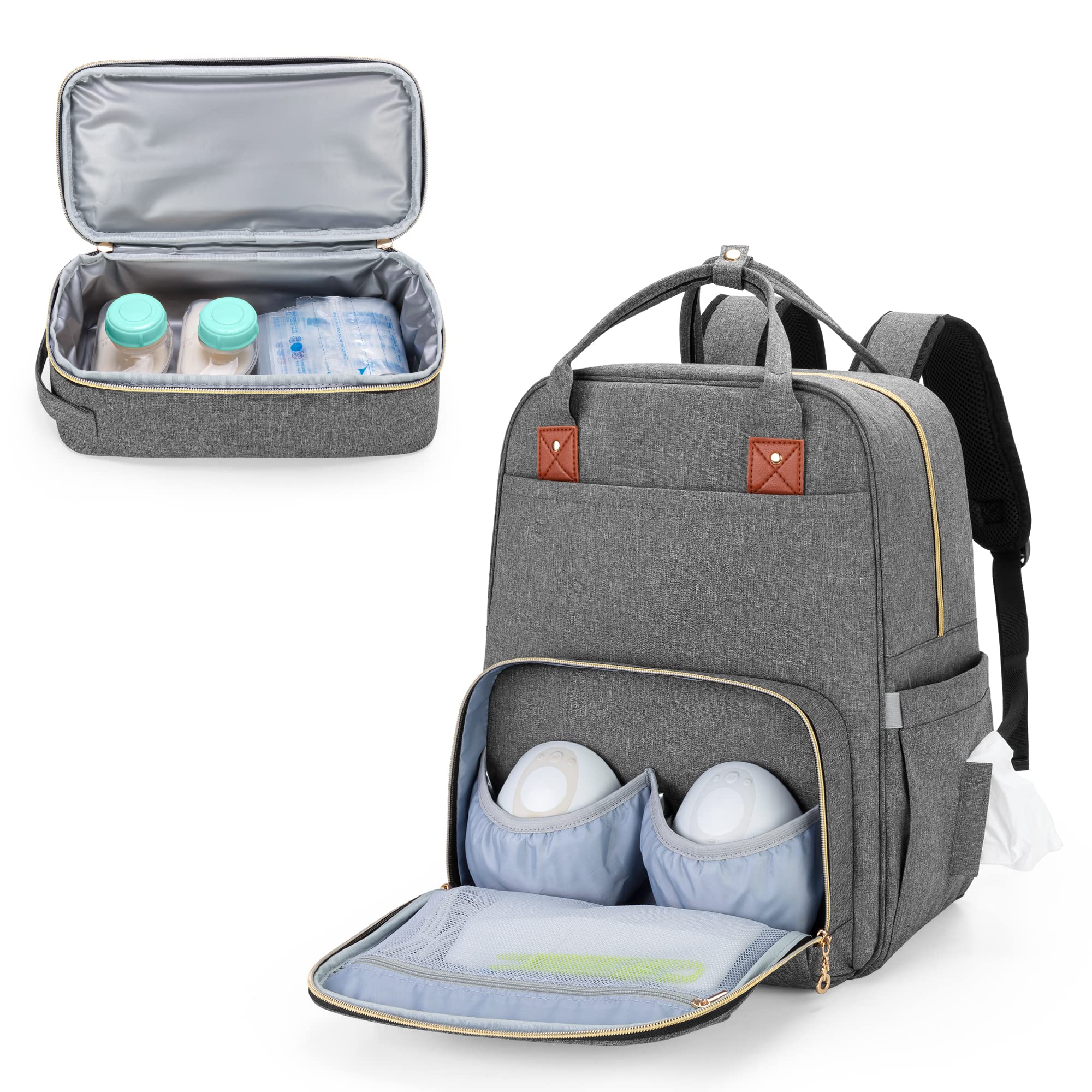 BAFASO Breast Pump Backpack with Cooler & Laptop Compartment - Compatible with Elvie, Momcozy & Wearable Breast Pumps (Patent Pending) - Gray - Perfect for Working Moms, Travel & Pumping On-The-Go