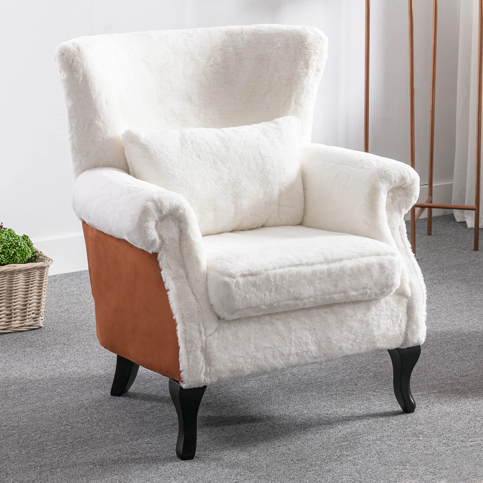 Midcentury Modern Accent Chair - LZAREAL Tufted Wingback Club Chair with Lumbar Pillow, Comfy Reading Armchair for Living Room & Bedroom, Soft Fur White - Perfect for Cozy Corners, Lounging & Relaxation