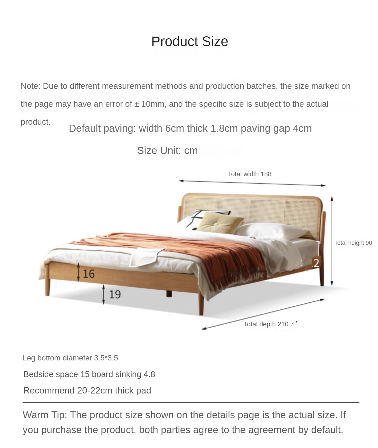 Solid Oak Wood Rattan Bed Frame - Queen Size, Natural Finish - Perfect for Bedroom, Guest Room & Farmhouse Decor