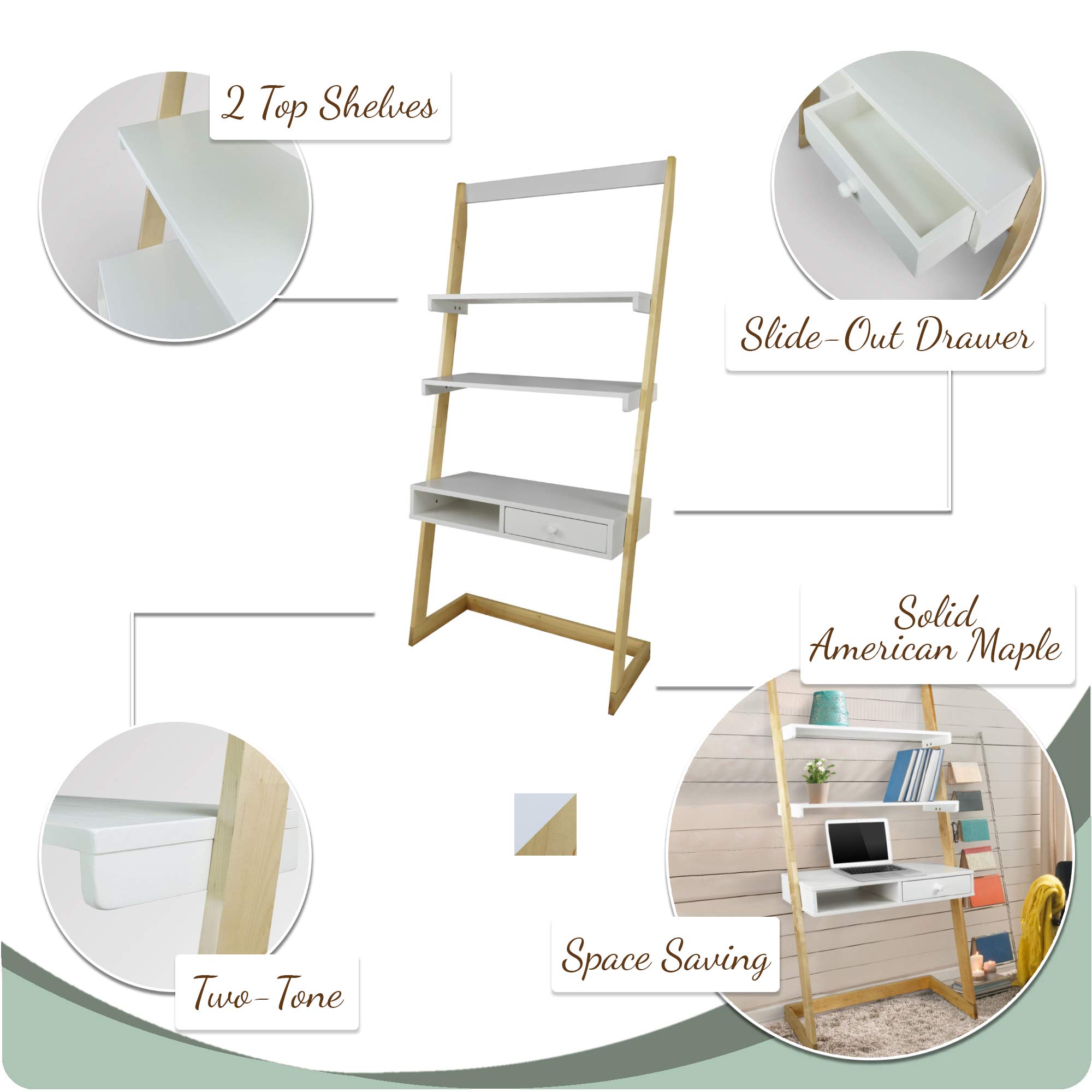 American Trails Freestanding Drawer Ladder Desk - Solid American Maple Frame, Natural Maple & White Finish - Perfect for Home Office, Study Room & Small Space Workstation