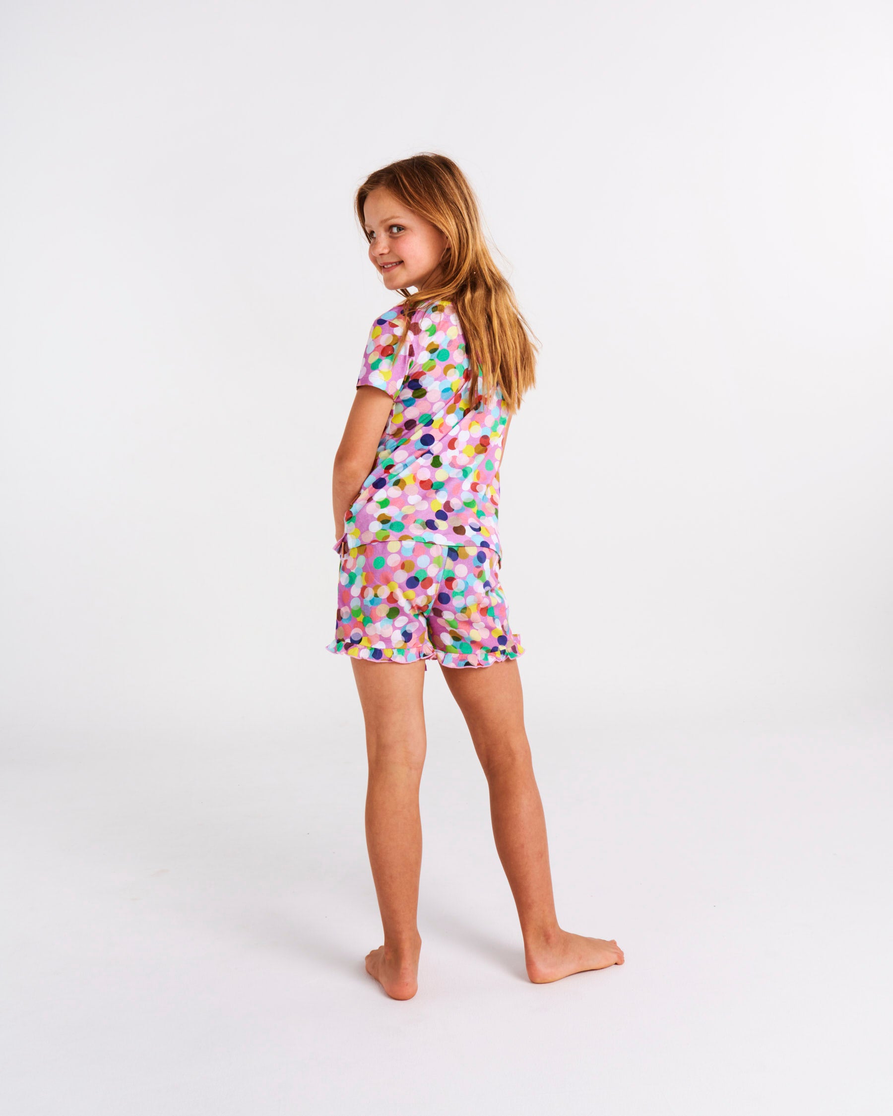 Confetti Pink Organic Cotton Short Sleeve Tee & Frill Short Pajama Set - Soft Women's Sleepwear for Summer Nights & Lounge Wear