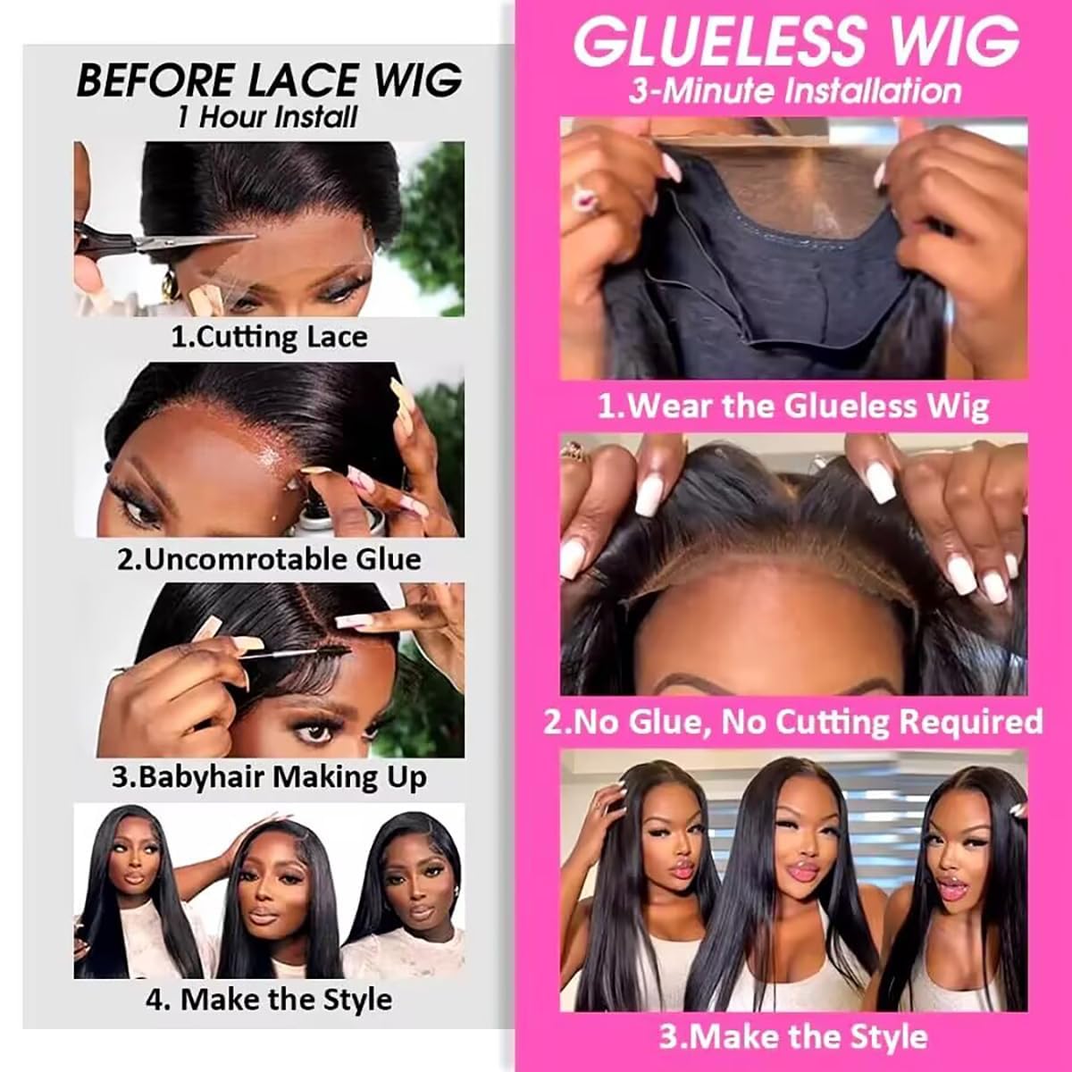 24 Inch Glueless Straight Human Hair Wigs for Women - 6x4 HD Lace Closure, 180% Density, Pre-Plucked - Natural Look No Glue Needed - Perfect for Daily Wear, Parties & Special Occasions