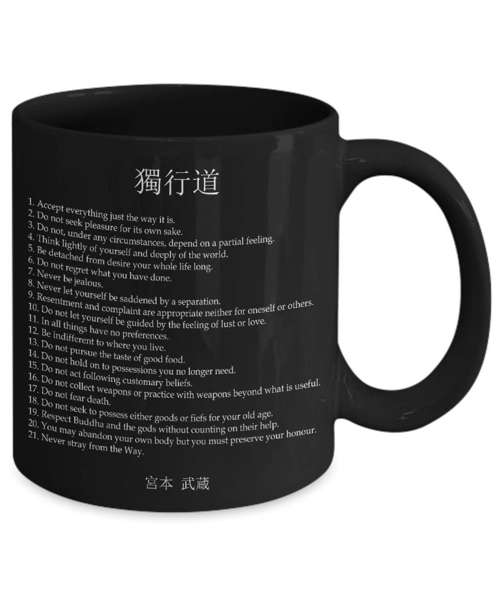 Musashi Miyamoto Samurai Mug - Dokkodo The Way of Walking Alone - Japanese Warrior Tea Coffee Cup - Perfect for Zen Meditation, Martial Arts Training & Home Office Decor