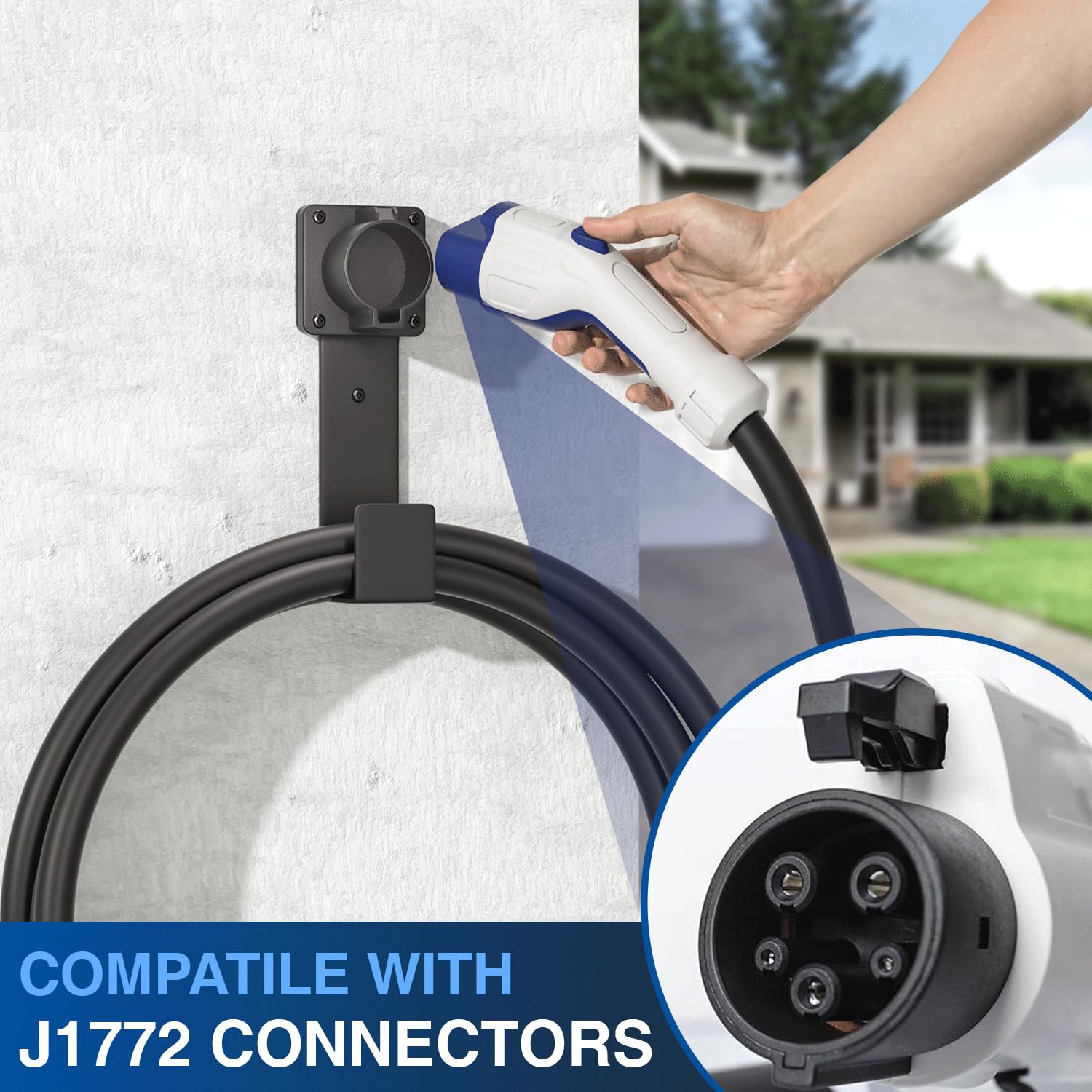 J1772 EV Charger Holder - Wall Mount Nozzle Holster Dock & J-Hook Combo for Electric Vehicle Charging Cable Organization - Perfect for Home Garage & Public Charging Stations