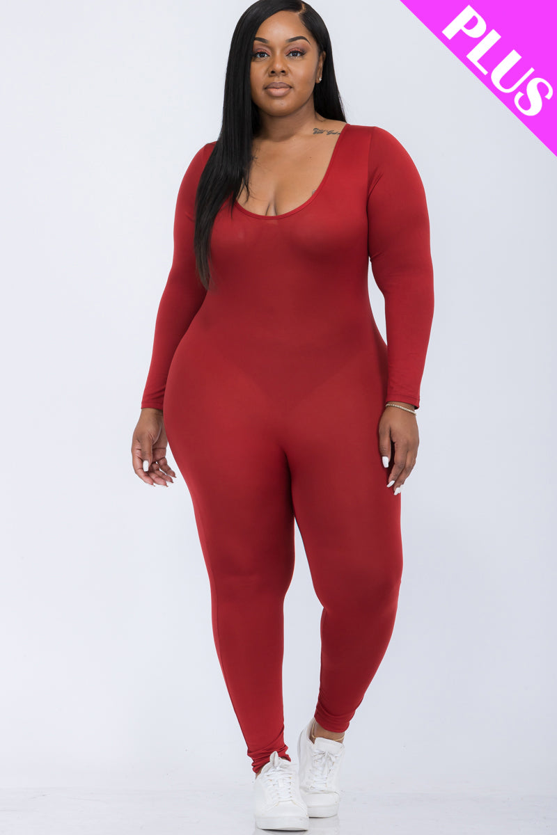 Plus Size Scoop Neck Long Sleeve Bodycon Jumpsuit for Women - Stretchy Slim Fit Romper with Pockets - Perfect for Casual Outfits, Date Night & Party Wear