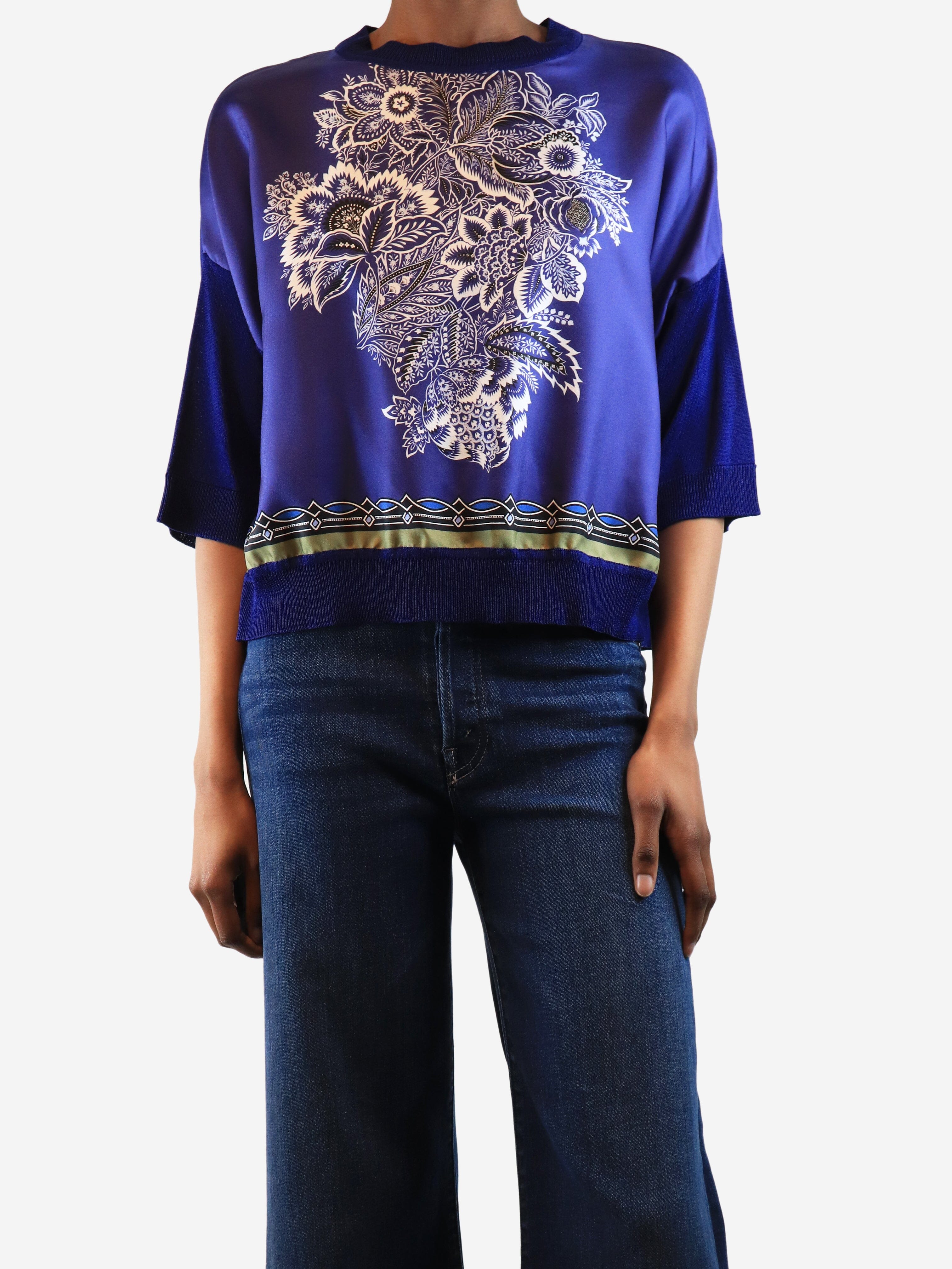 Elegant Blue Printed Silk Blouse - Size UK 6 (US 4) | Women's Fashion Top for Office, Party & Special Occasions
