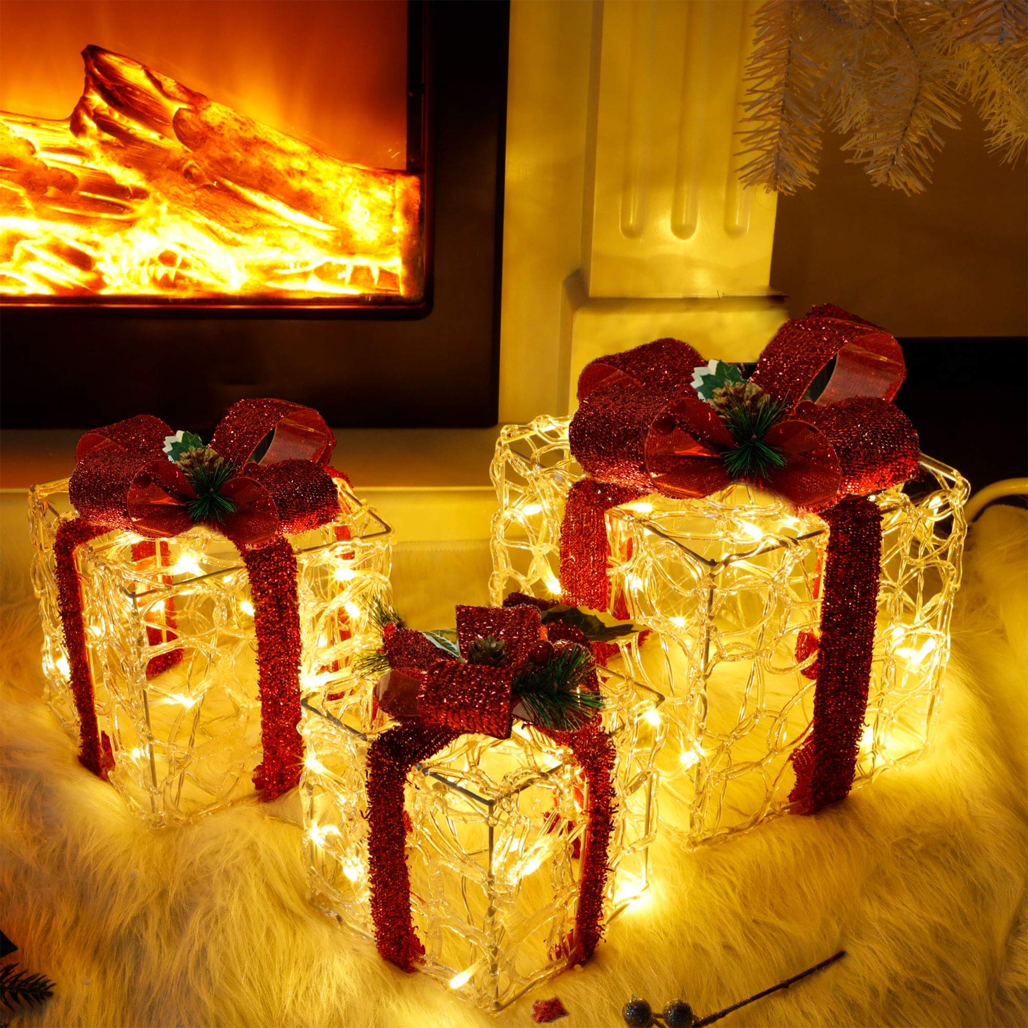 ATDAWN Set of 3 Clear Acrylic Lighted Gift Boxes - Christmas Present Box Decorations for Home, Party & Holiday Display - Perfect for Christmas Tree, Mantel & Tabletop Decor