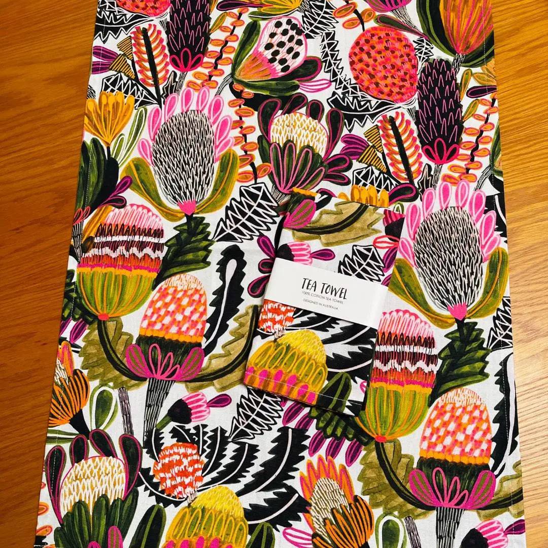 Banksias Designer Tea Towel - Premium Australian Floral Printed Kitchen Towel for Drying Dishes, Decor & Gift Giving - Perfect for Home, Cafe & Hostess Use