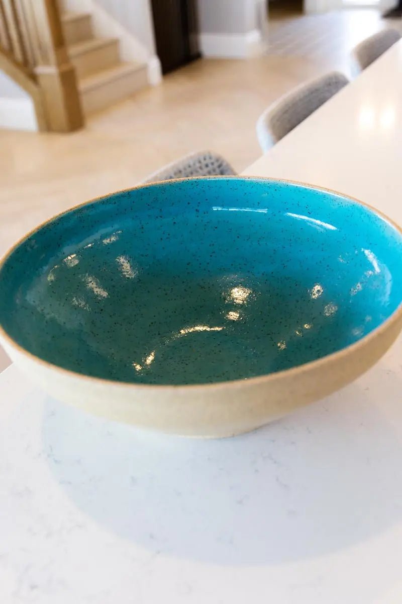 XL Speckled Tan & Turquoise Stoneware Serving Bowl - Handmade Ceramic Dish for Salads, Pasta, Soup | Perfect for Dinner Parties, Holiday Entertaining & Farmhouse Decor