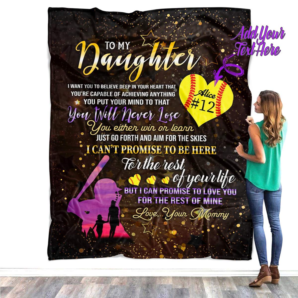 Custom Personalized Softball Fleece Blanket for Daughter - Mom to Daughter Gift with Inspirational Quote 'I Want You to Believe Deep in Your Heart' - Perfect for Softball Players, Cozy Throw Blanket for Bedroom, Dorm, or Game Day Snuggles