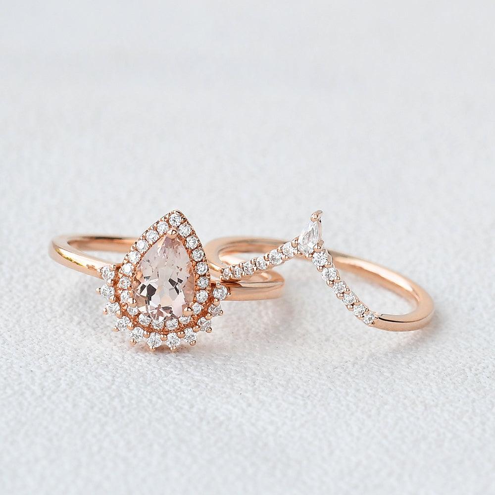 1.5ct Peach Morganite Vintage Halo Ring Set - 2 Piece Bridal Jewelry for Engagement, Wedding & Anniversary Gifts