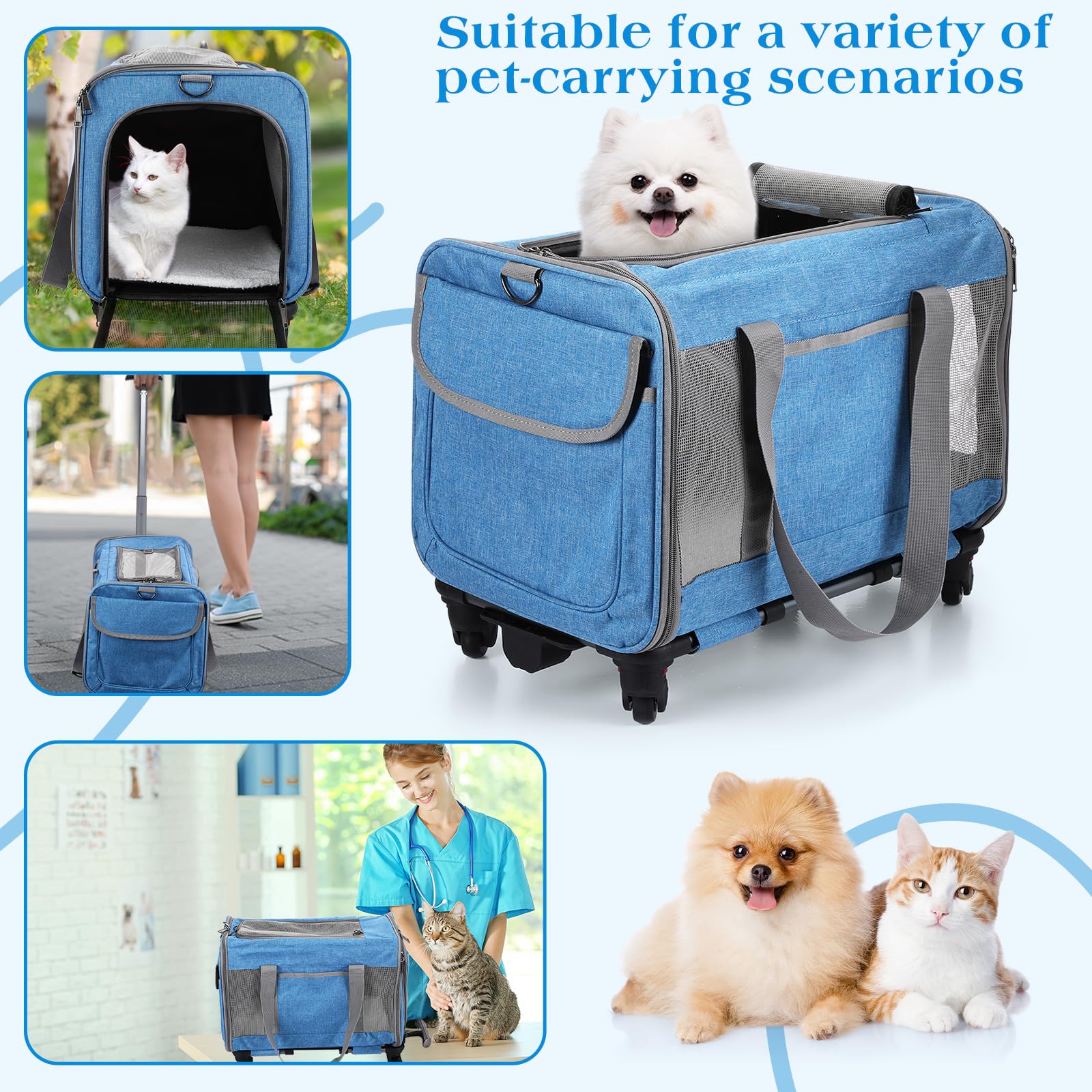 Extra Large Pet Carrier with Wheels - 2 Pack Rolling Dog & Cat Carrier, Adjustable Straps & Telescopic Handle for Pets Up to 26.5 lbs - Ideal for Travel, Camping, Vet Visits (Blue & Gray)