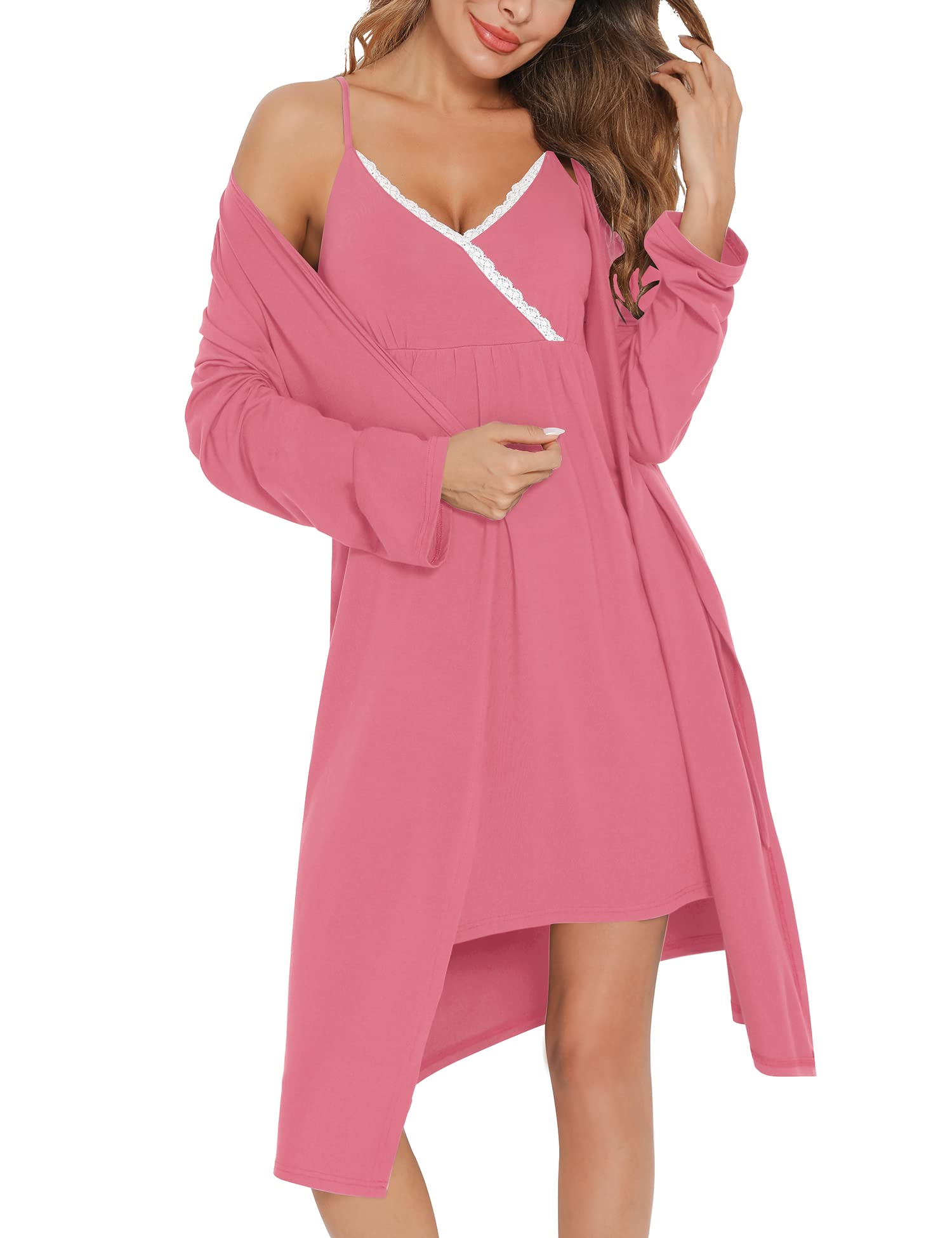 SWOMOG Women's Maternity Robe & Nursing Nightgown - 3-in-1 Breastfeeding Dress with Lace Trim, Labor Delivery Gown & Bathrobe - Perfect for Hospital, Postpartum Recovery & Nursing at Home