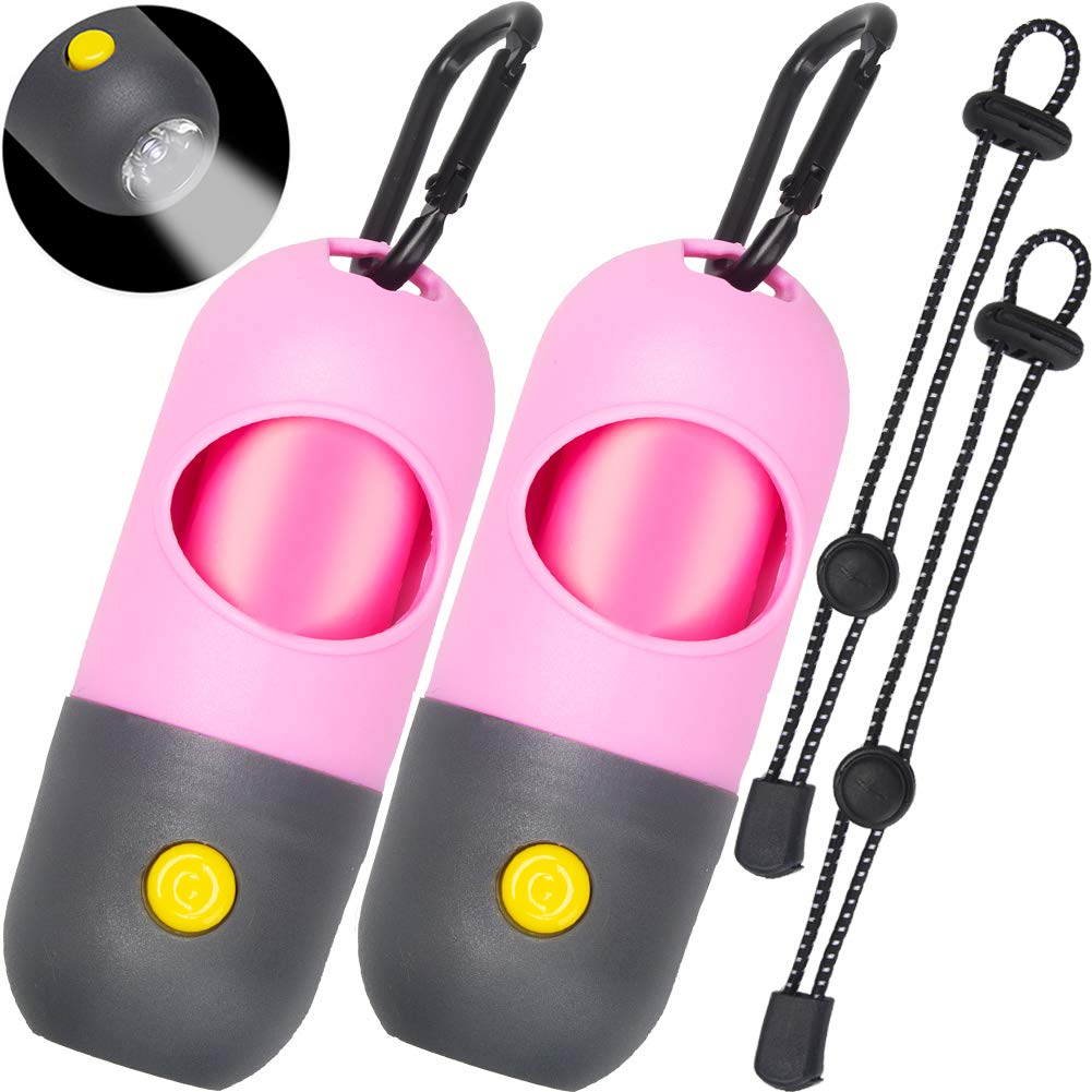2PCS Dog Poop Bag Dispenser with Flashlight & Hands-Free Hook - Leash Attachment Pet Waste Bag Holder for Walking, Hiking, and Nighttime Cleanup