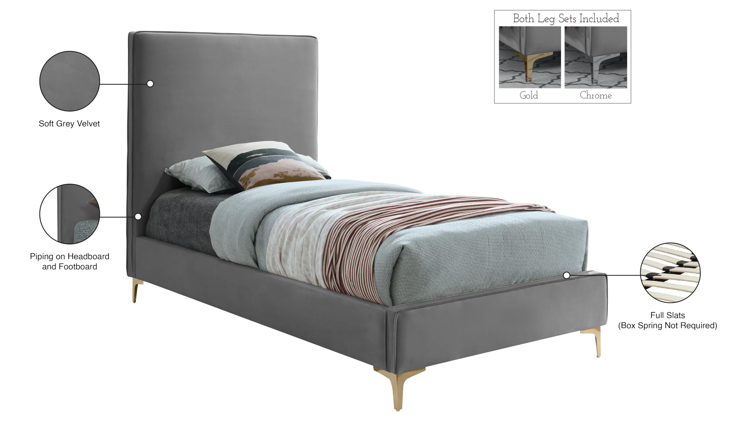 Modern Velvet Upholstered Twin Bed with Gold/Chrome Finish - Geri Collection by Meridian Furniture | Luxury Bedroom Decor for Contemporary Homes & Guest Rooms