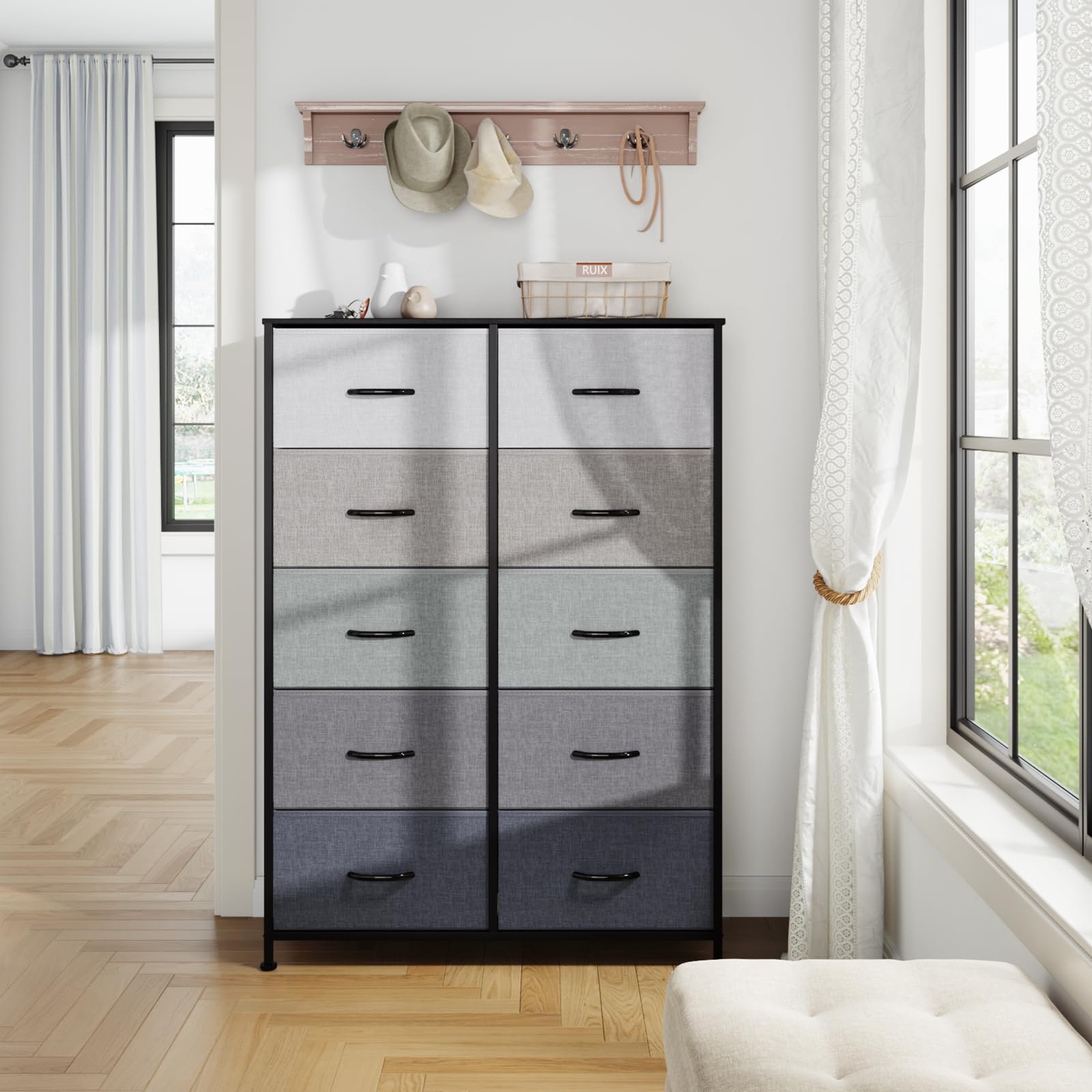 10-Drawer Tall Dresser for Bedroom & Closet - Sturdy Wood Frame Fabric Storage Tower with Wood Handles, Grey - Perfect for Organizing Clothes in Living Room, Hallway & Small Spaces