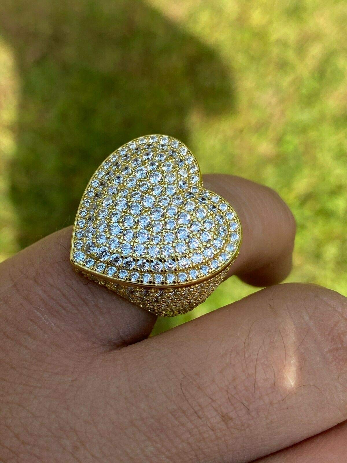 14K Gold Plated 925 Sterling Silver Heart Shaped Hip Hop Iced Out Ring with Cubic Zirconia - Size 7-13 - Perfect for Valentine's Day, Anniversary Gifts & Streetwear Fashion