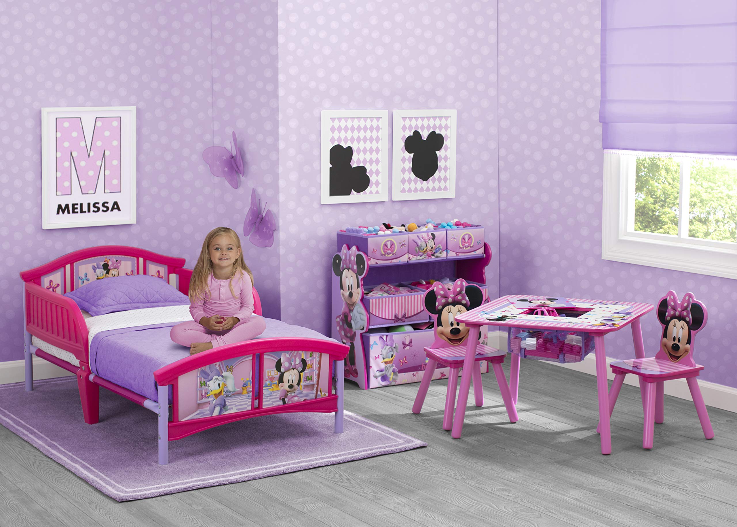 Delta Children Disney Minnie Mouse Twinkle Galaxy Toddler Bed with Dual-Sided Recycled Fiber Core Mattress - Safe Plastic Toddler Bed for Girls' Nursery, Daycare or Sleepovers
