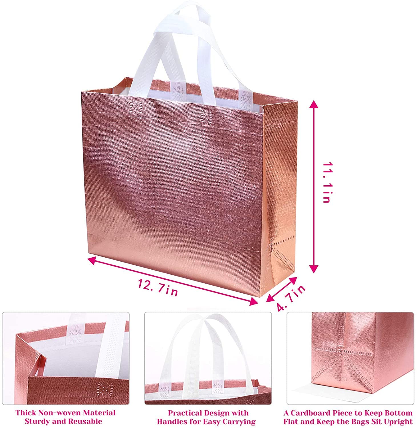 5-Pack Glossy Reusable Shopping Totes with Handles - Eco-Friendly Grocery Bags for Women, Bridesmaid Gifts, Bachelorette Parties, Weddings, Birthdays, Mother's Day & Christmas - Rose Gold Non-Woven Gift Bags for Everyday Use, Grocery Shopping & Special Occasions