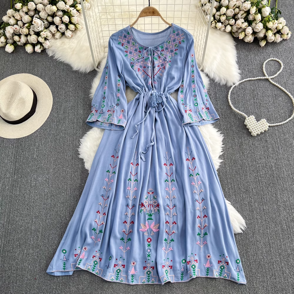 Bohemian V-Neck Embroidered Elegant A-Line Cotton Dress for Women | Summer Casual Boho Maxi Dress for Beach, Vacation & Outdoor Events