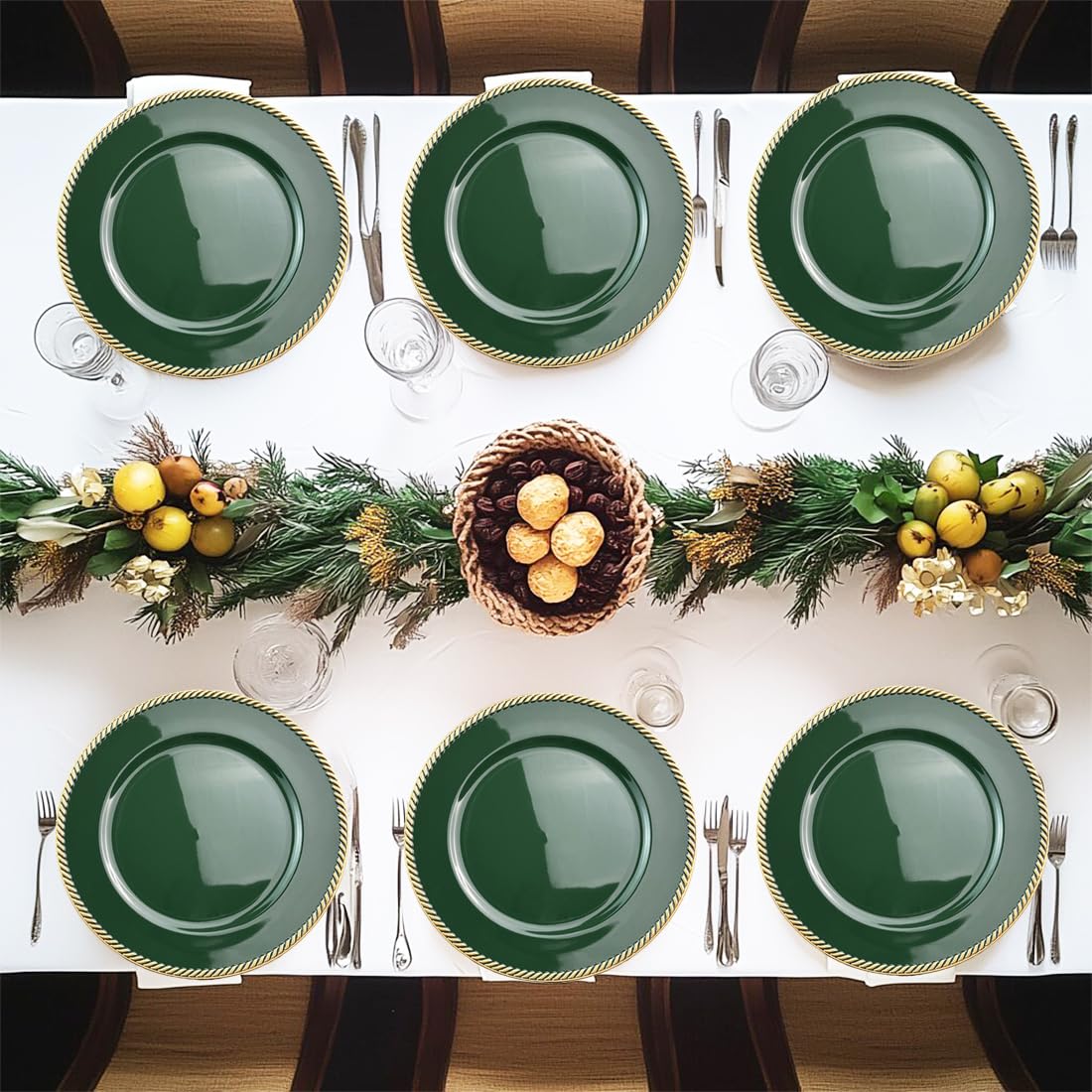 12-Piece Green Plastic Beaded Charger Plates - 13 Inch Round Dinner Plates for Wedding, Christmas & Event Decor - Elegant Table Setting & Holiday Party Decoration
