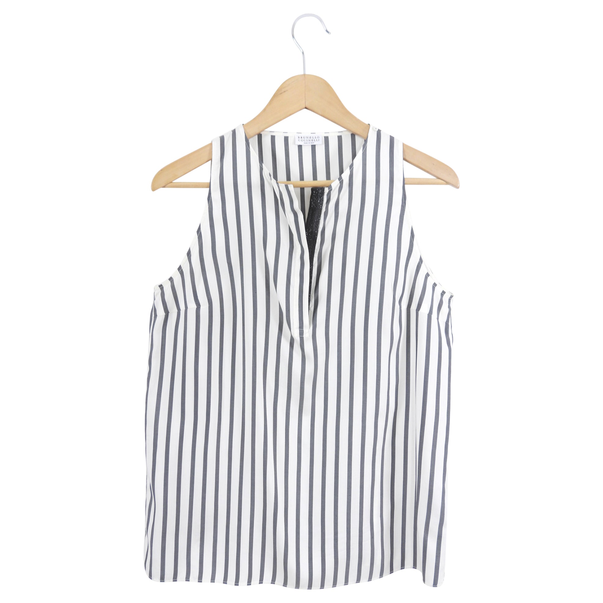 Brunello Cucinelli Grey Ivory Stripe Silk Sleeveless Top Women's Blouse Size M - Perfect for Summer Outfits, Office Wear & Special Occasions
