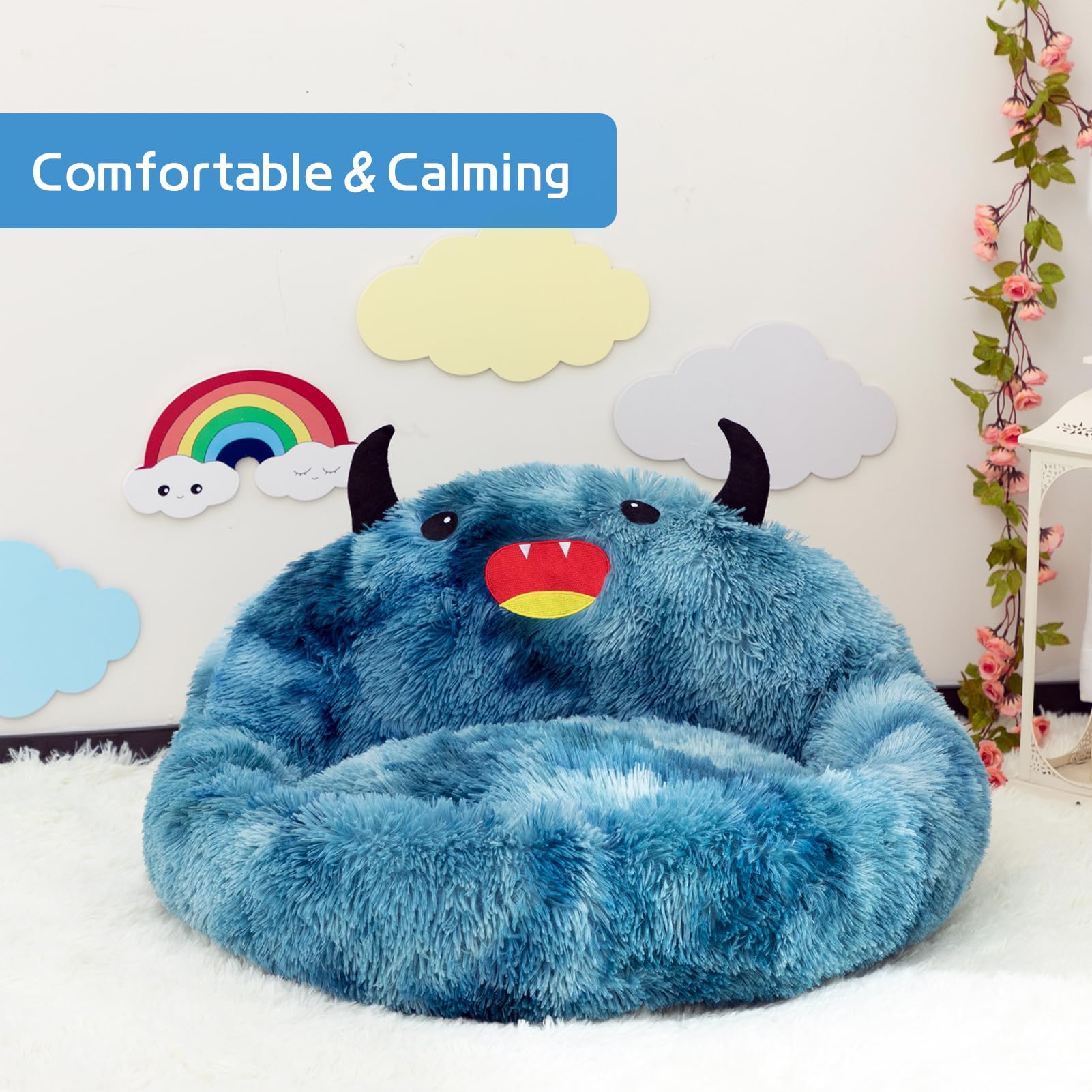 Hollypet Self-Warming Donut Pet Bed - Round Faux Fur Luxury Cozy Cat & Dog Bed - Soft Monster Sleeping Nest for Pets - Large Blue - Perfect for Winter Warmth & Indoor Comfort