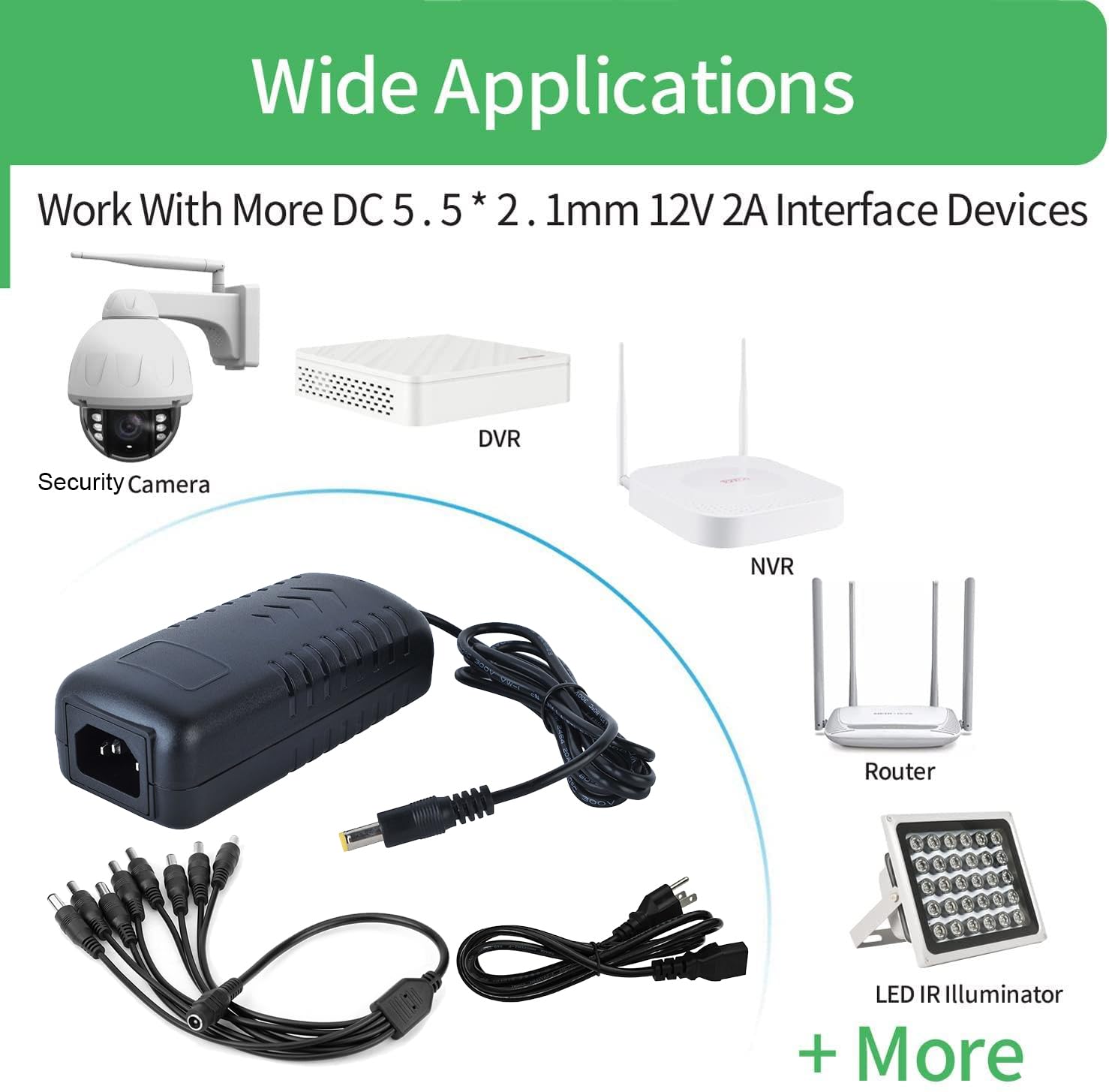 EVERSECU 8CH 12V 5A Power Adapter for Security Cameras - 100V-240V AC to DC Transformer with 8-Way Splitter Cable - Compatible with CCTV, DVR, IP Cameras & LED Strips - Ideal for Home Security & Outdoor Surveillance Systems