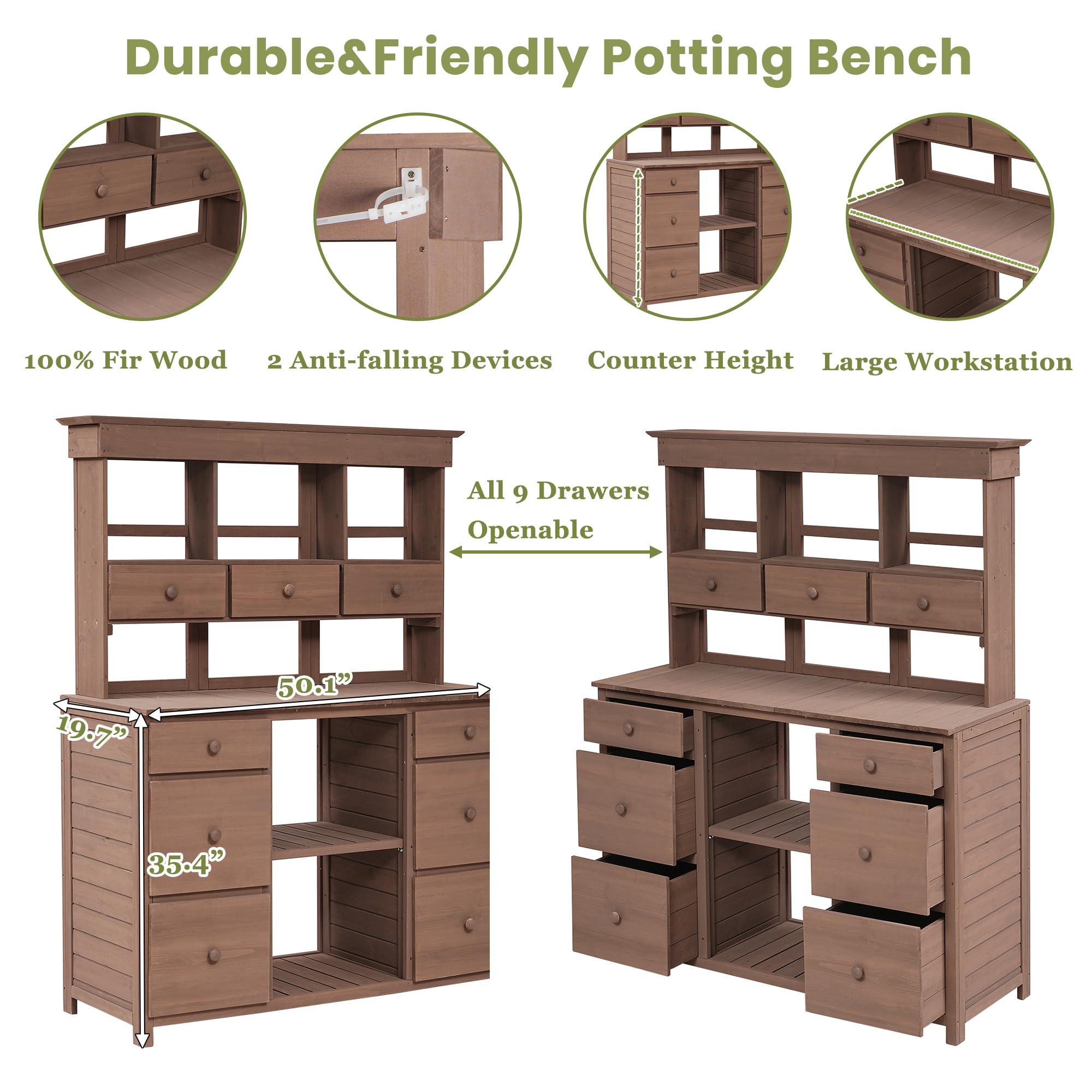 P PURLOVE Rustic Wood Potting Bench with Storage Drawers & Shelves - Outdoor Garden Work Table for Planting, Organizing Tools - Perfect for Backyard, Patio & Greenhouse Use