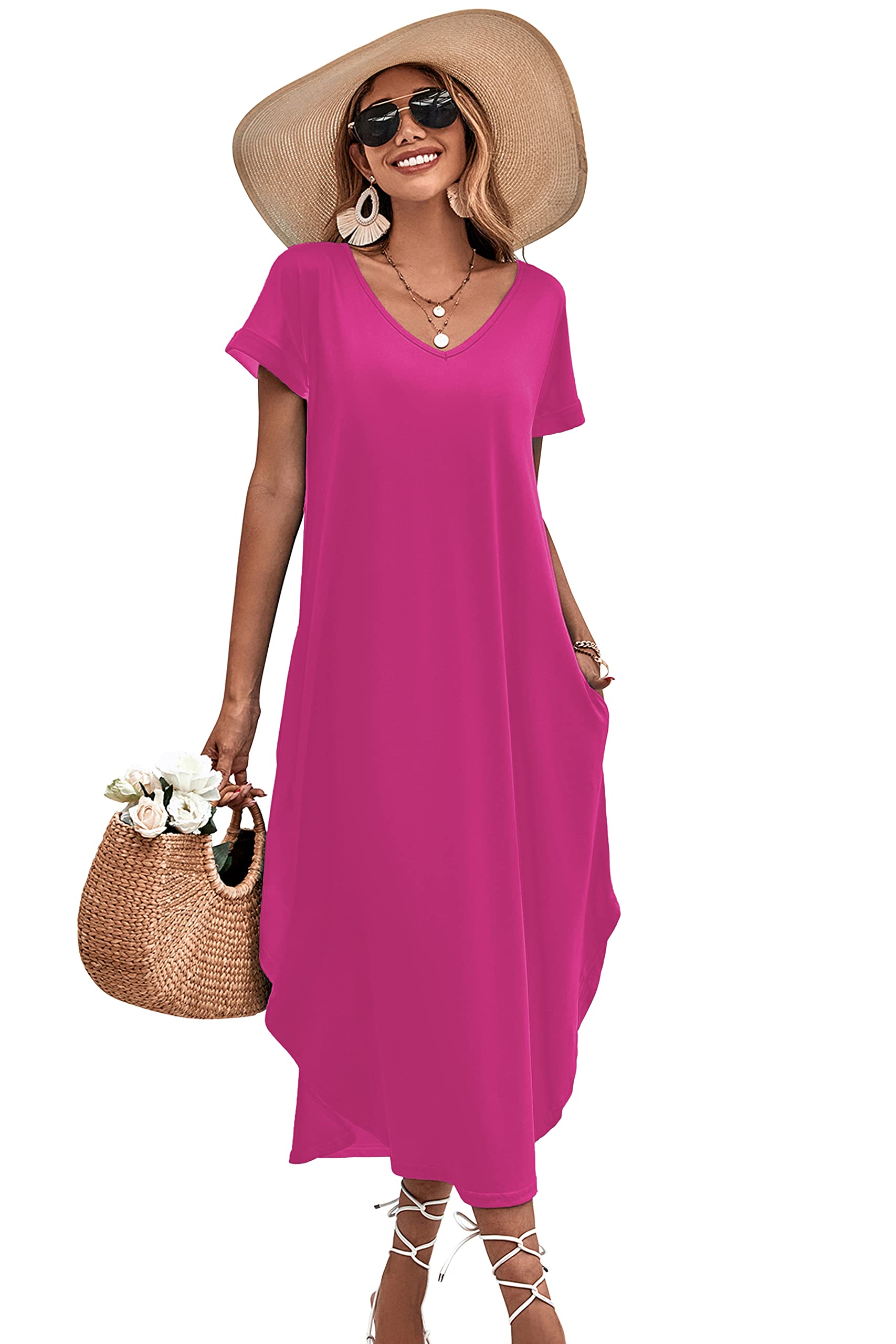 Ekouaer Women's V-Neck Nightgown with Pockets - Short Sleeve Sleepwear Side Split Long Nightdress Sizes S-3XL - Perfect for Relaxing at Home, Lounging & Comfortable Sleep