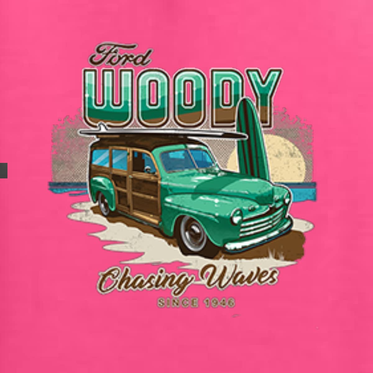 Vintage 1946 Ford Woody Chasing Waves Graphic Hoodie - Wild Bobby Retro Cars & Trucks Unisex Sweatshirt | Perfect for Beach Outings, Car Enthusiasts & Casual Streetwear
