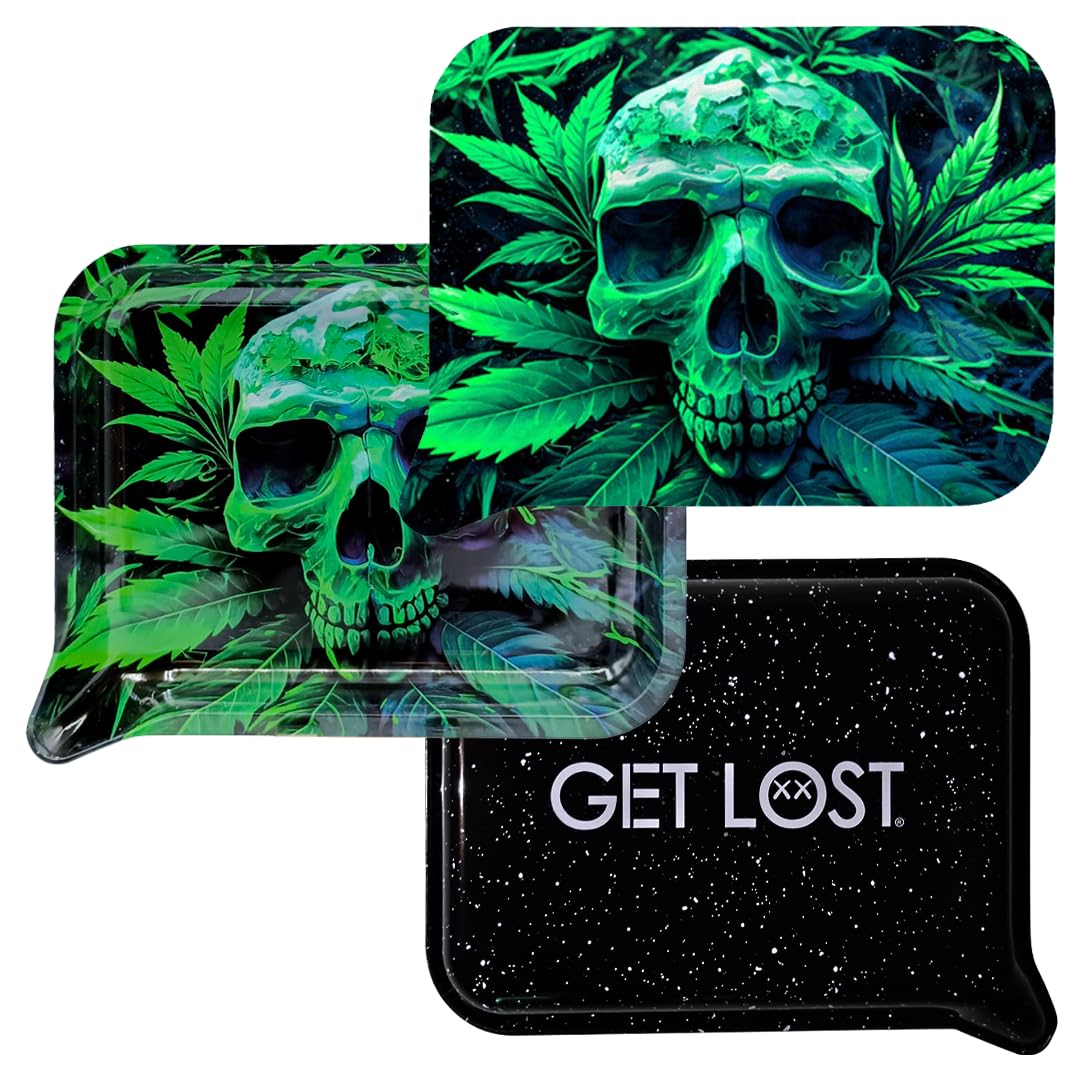 3D Magnetic Metal Rolling Tray with Funnel Lid - Small Size Unique Design (Green Skull) for Herbs, Spices & DIY Projects - Perfect for Smoking Accessories, Kitchen Organization & Crafting
