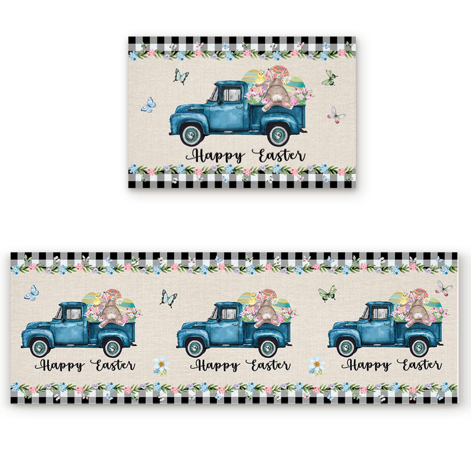 2-Pack Non-Slip Kitchen Mats - Absorbent Easter Decor Floor Rugs for Sink, Laundry, Bathroom & Office - Rustic Blue Truck Design with Rabbit Butt & Butterflies - Perfect for Holiday Home Decor & Wet Areas