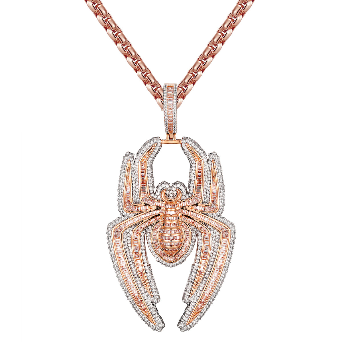 Rose Gold Tone 3D Baguette Iced Spider Sterling Silver Pendant Necklace - Elegant Gothic Jewelry for Women, Perfect for Halloween, Cosplay & Alternative Fashion