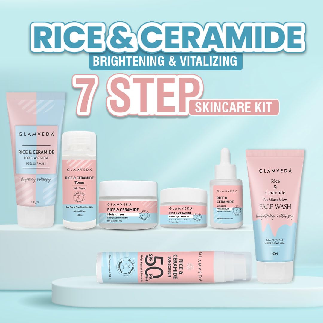 Glamveda Korean Rice & Ceramide 7-Step Skincare Set for Women - Face Wash, Peel Off Mask, Toner, Serum, Eye Cream, Moisturizer & Sunscreen with Gift Box | Hydrating & Anti-Aging Routine for Dry & Sensitive Skin | Perfect for Daily & Nighttime Skincare Regimen