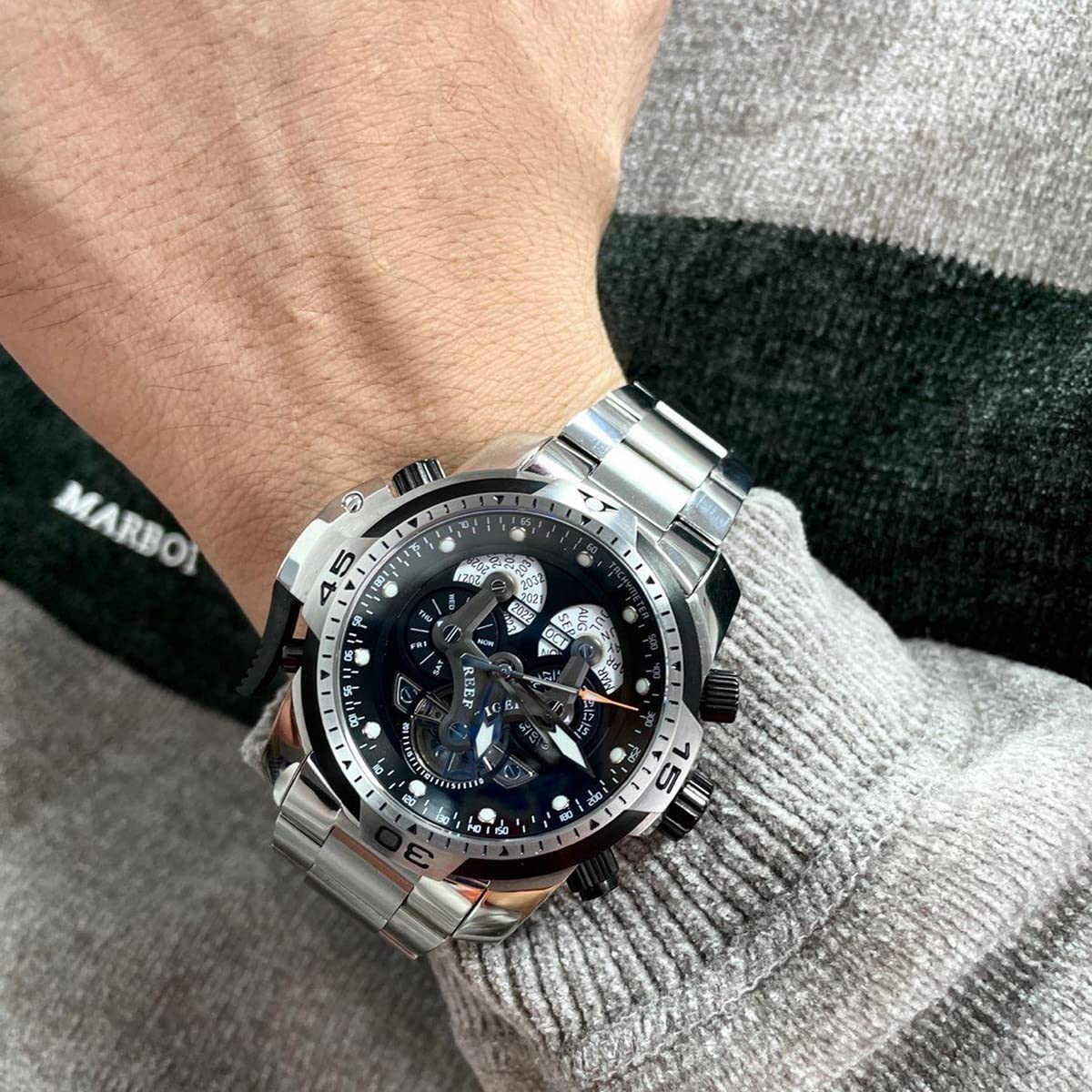 REEF TIGER Men's Luxury Sports Watch with Date & Day Complication - Black Dial Mechanical Bracelet Watch RGA3503 for Business, Casual & Outdoor Activities