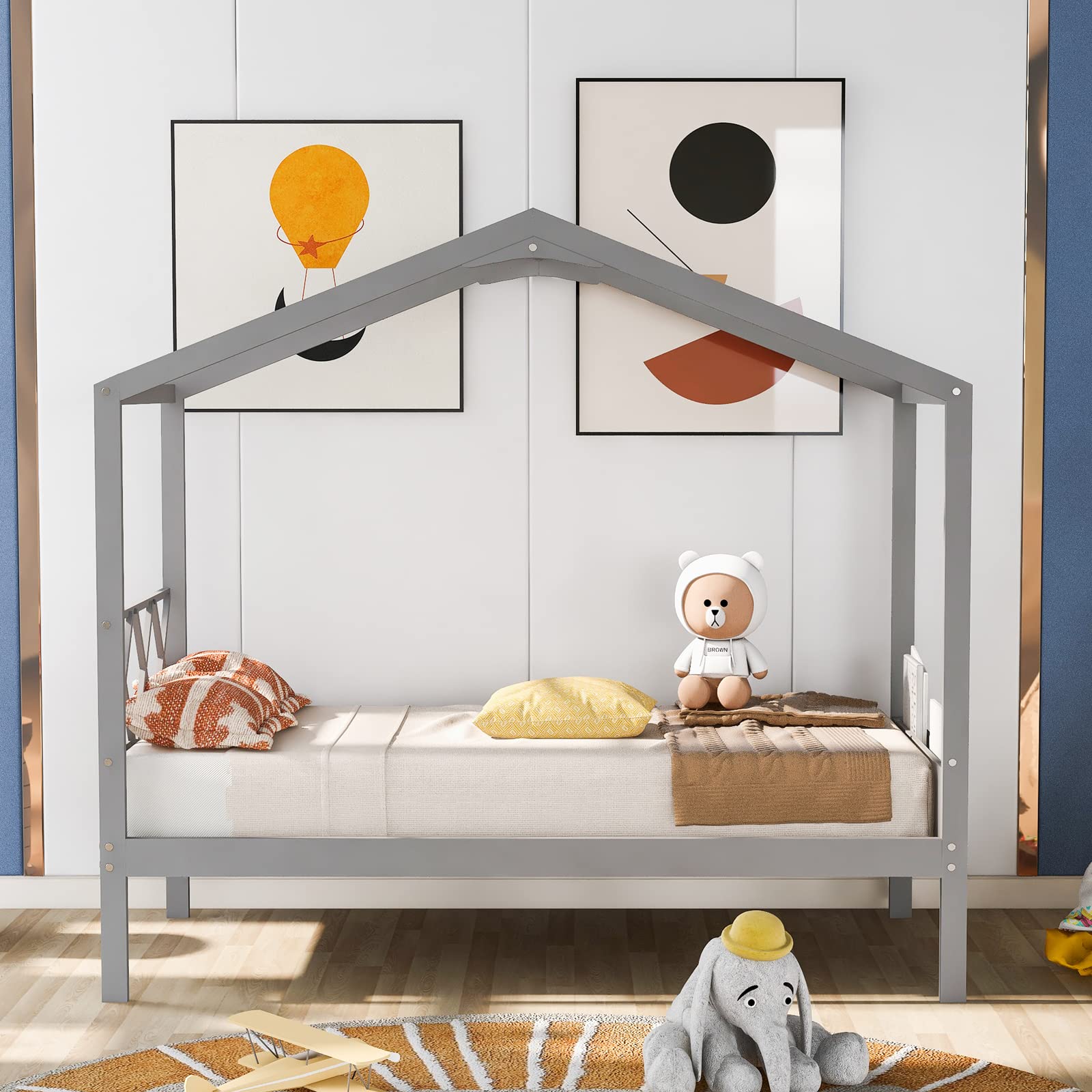 Twin Size House Bed Frame - Low Platform Wood Bed for Kids with Storage, No Box Spring Needed - Perfect for Boys & Girls Bedrooms, Playrooms & Small Spaces