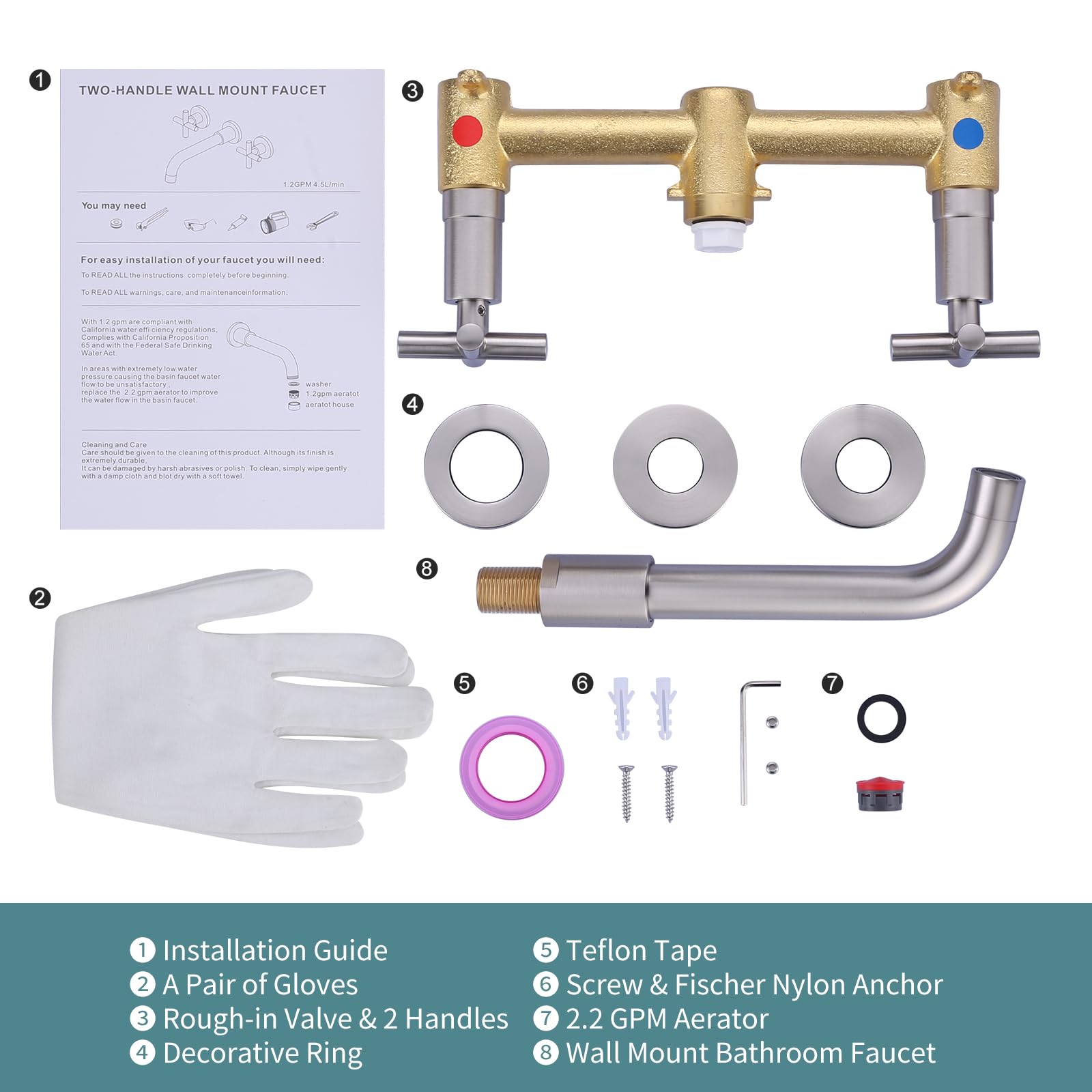 ARCORA Brushed Nickel Wall Mount Bathroom Faucet - 2 Handle Vessel Sink Faucet with Rough-in Valve - Perfect for Modern Bathrooms & Powder Rooms