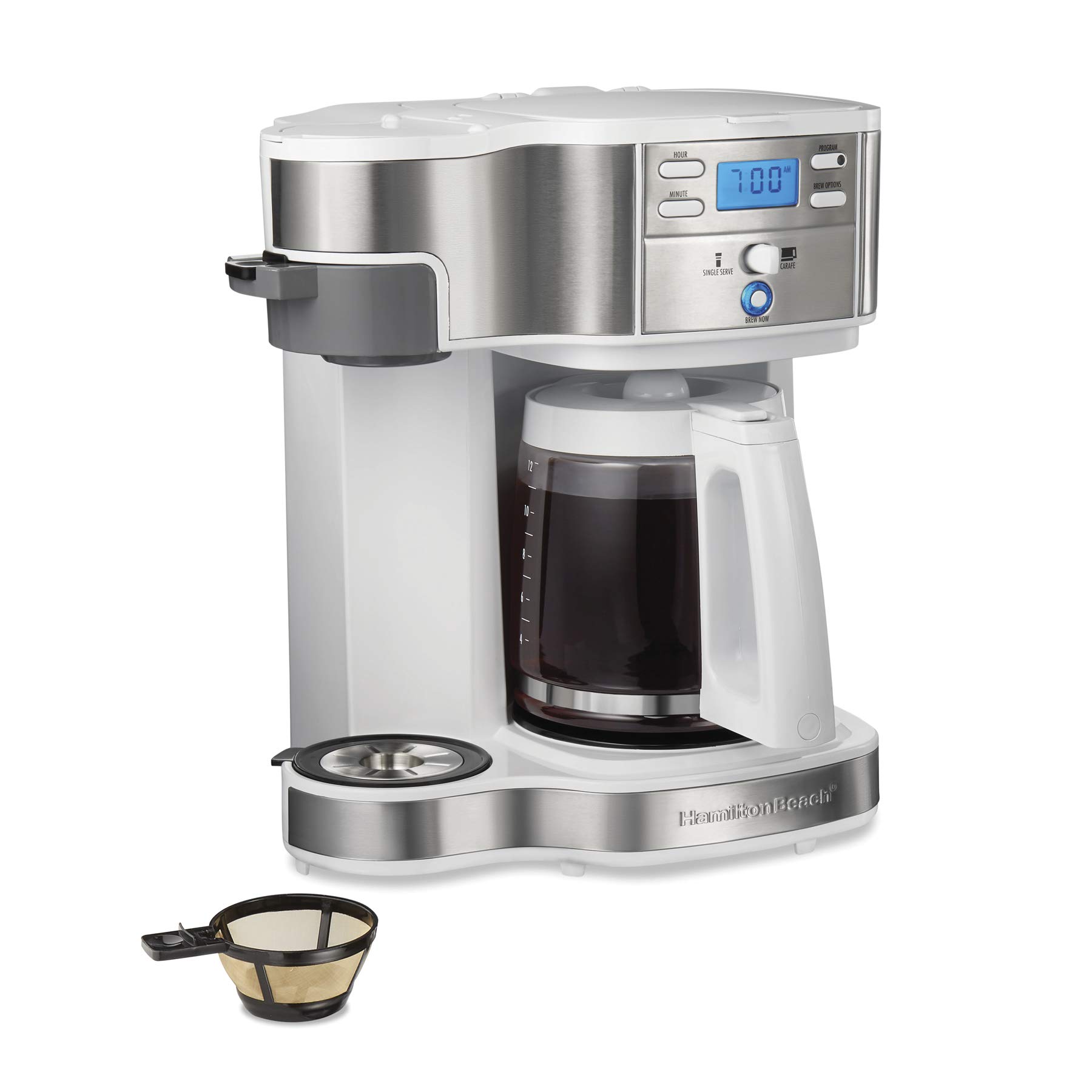 Hamilton Beach 49933 2-Way 12 Cup Programmable Drip Coffee Maker & Single Serve Machine with Glass Carafe - Auto Pause & Pour - White - Perfect for Home, Office & Entertaining