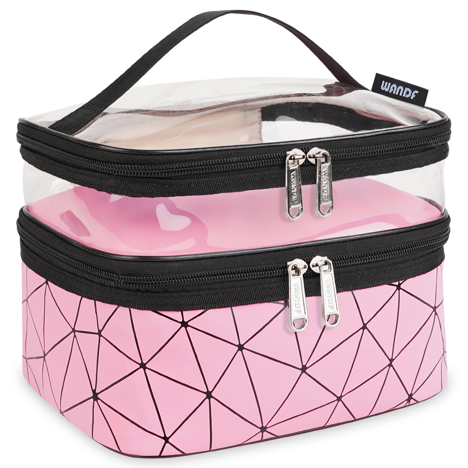 WANDF Double Layer Travel Makeup Bag - Waterproof Cosmetic Organizer & Toiletry Case for Women (Dark Pink) | Perfect for Air Travel, Gym, Vacation & Daily Beauty Storage