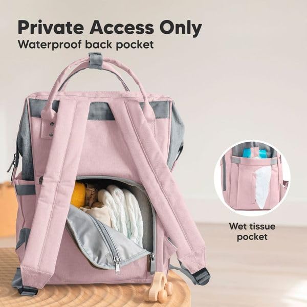KeaBabies Waterproof Baby Diaper Backpack - Large Multi-Functional Travel Diaper Bag with Changing Pad for Boys & Girls, Durable Parenting Essentials for Moms & Dads (Pink Gray) - Perfect for Daycare, Travel, Outings & Daily Use