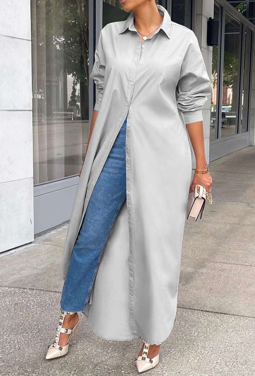 Choichic Women's Casual Long Sleeve Cotton Button Down Shirt Dress - Maxi Length Summer Beach Cover Up, Office Wear & Everyday Outfit