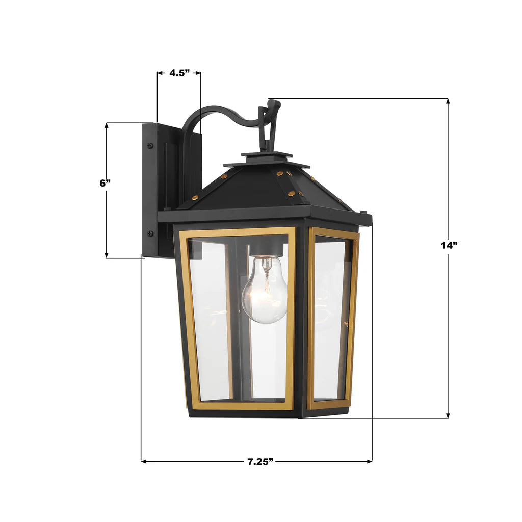 Hawkins Stainless Steel & Glass Outdoor Wall Sconce Light - 7.25x14 Inch Matte Black with Gold Finish - E26 LED Bulb Socket 120V - Weatherproof for Patio, Garden, Porch, Exterior Walls & Entryway Lighting