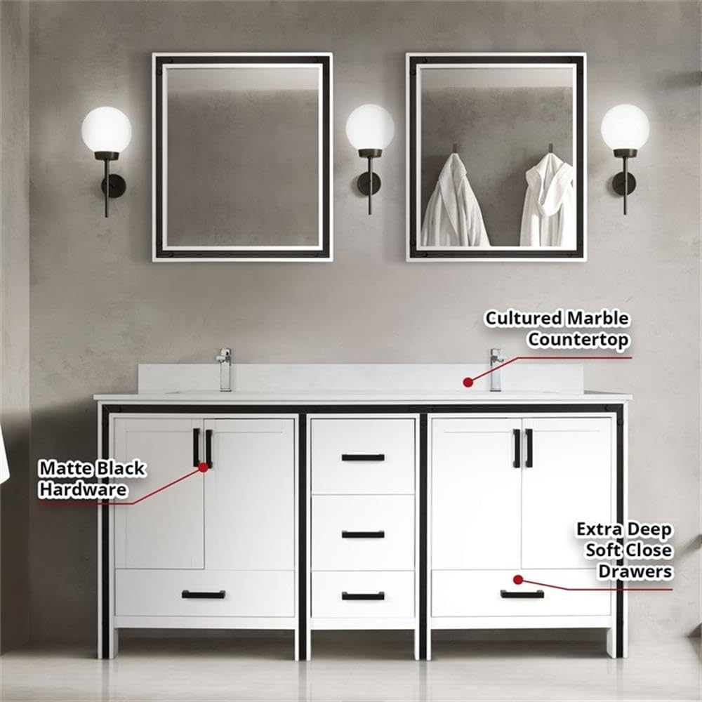 72 Inch White Double Bathroom Vanity with 22 Inch Depth & 30 Inch Mirrors - Modern Bathroom Storage Solution for Master Bath or Guest Bath Remodel