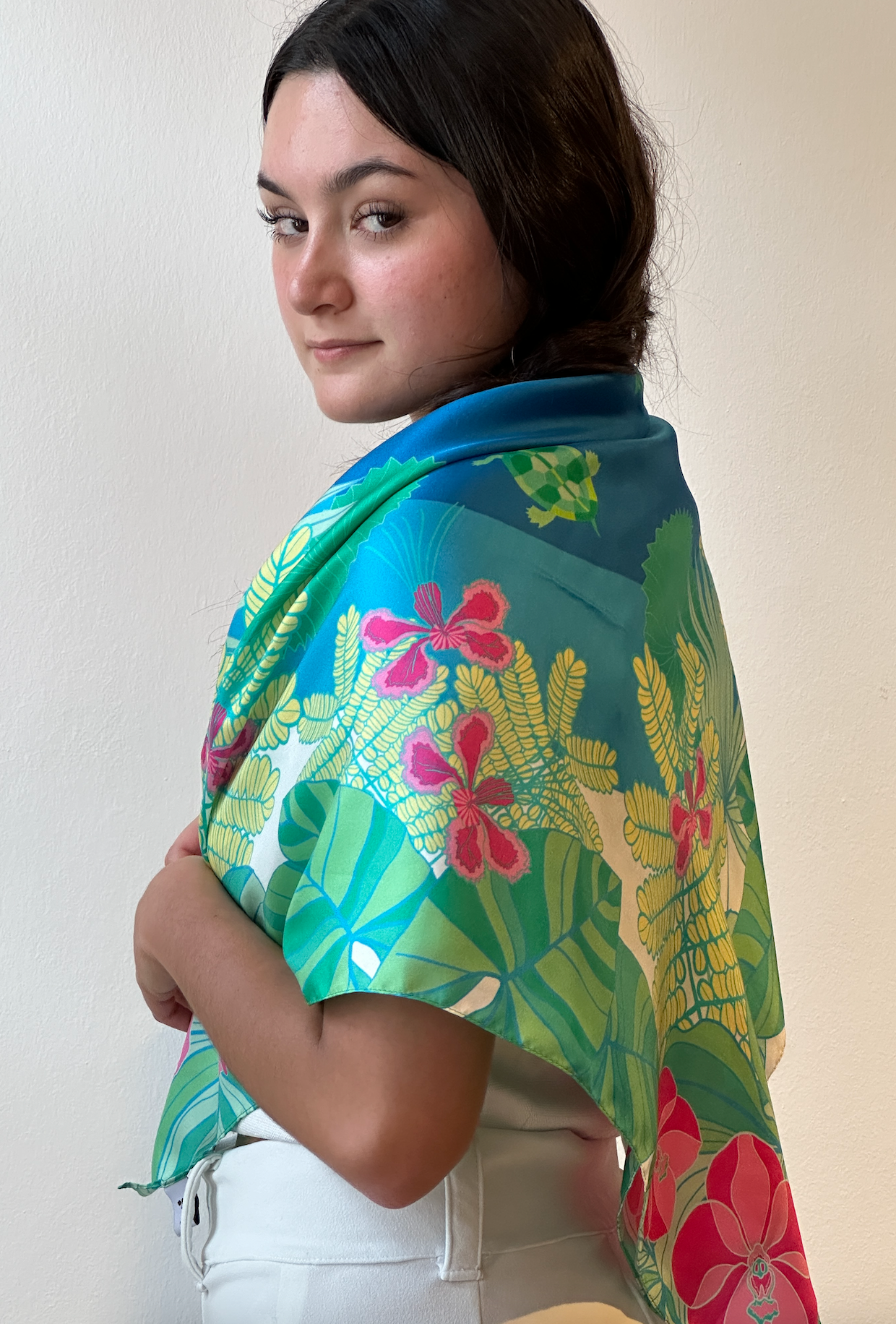 Botanic Gardens Silk Scarf with Emerald Design - Elegant Floral Fashion Accessory for Women, Perfect for Weddings, Parties & Special Occasions
