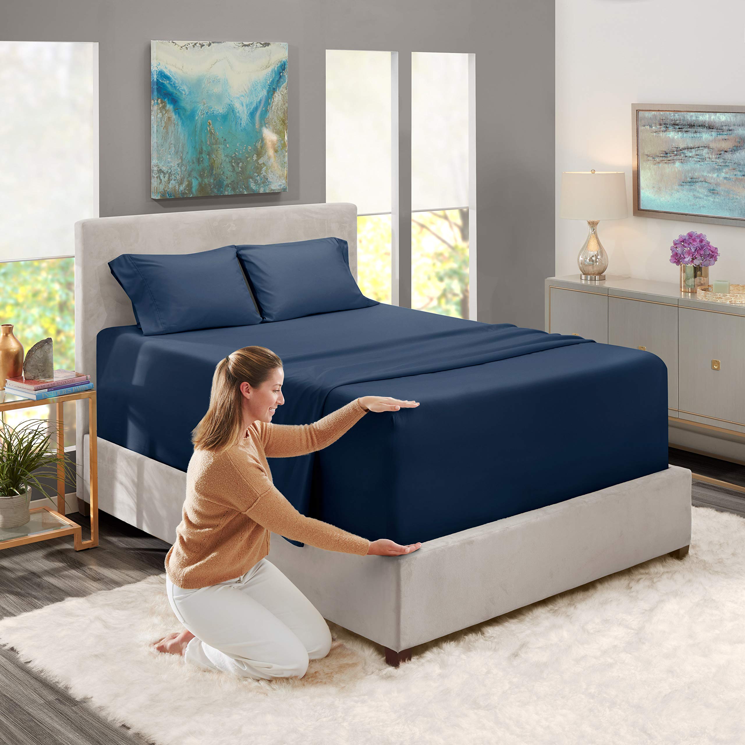 600 Thread Count Twin XL Sheet Set - 4 Piece 100% Long Staple Pure Cotton Sateen Weave Bedding | Navy Blue Fade Resistant Deep Pocket Bed Sheets Fits 12