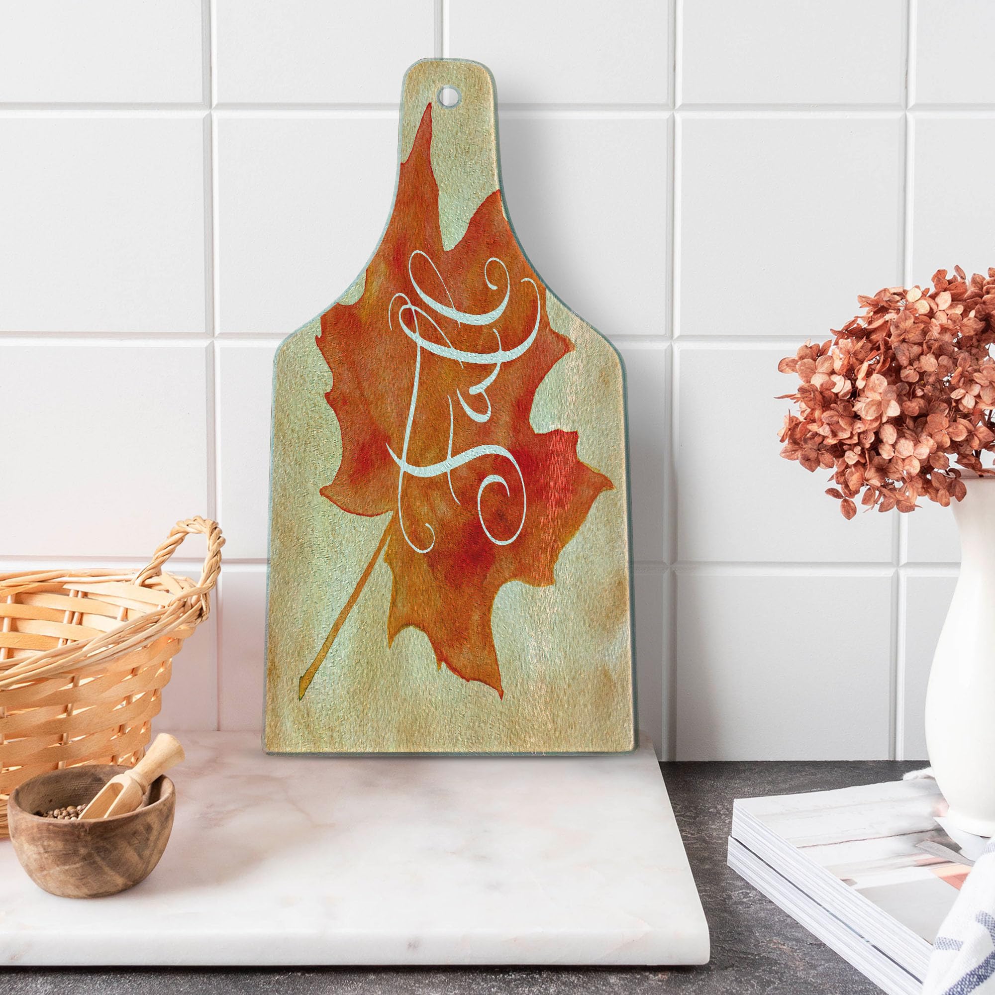 Ambesonne Fall Themed Cutting Board - Vivid Watercolor Maple Leaf Design on Vintage Backdrop - Decorative Tempered Glass Serving Board (Wine Bottle Shape, Orange/Pale Brown/White) - Perfect for Thanksgiving Dinner, Autumn Party Decor & Holiday Gift Giving