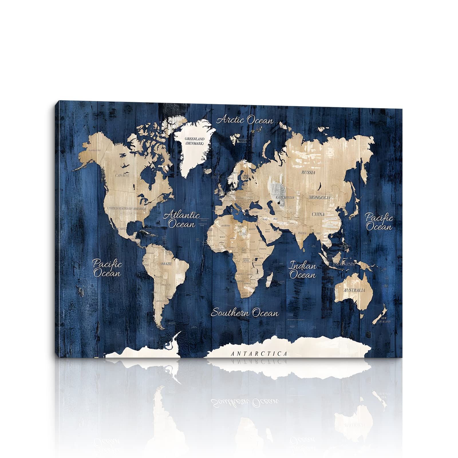 World Map Wall Art - Framed Canvas Painting of Blue World Map for Home & Office Decor - Ready to Hang Wall Decor for Living Room, Bedroom, Study Background